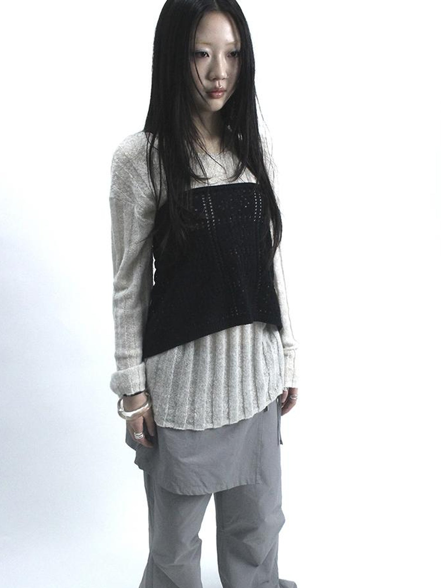 Updateang project Retro V-Neck Double Layer Knit Crossover Bodysuit With Lace Up