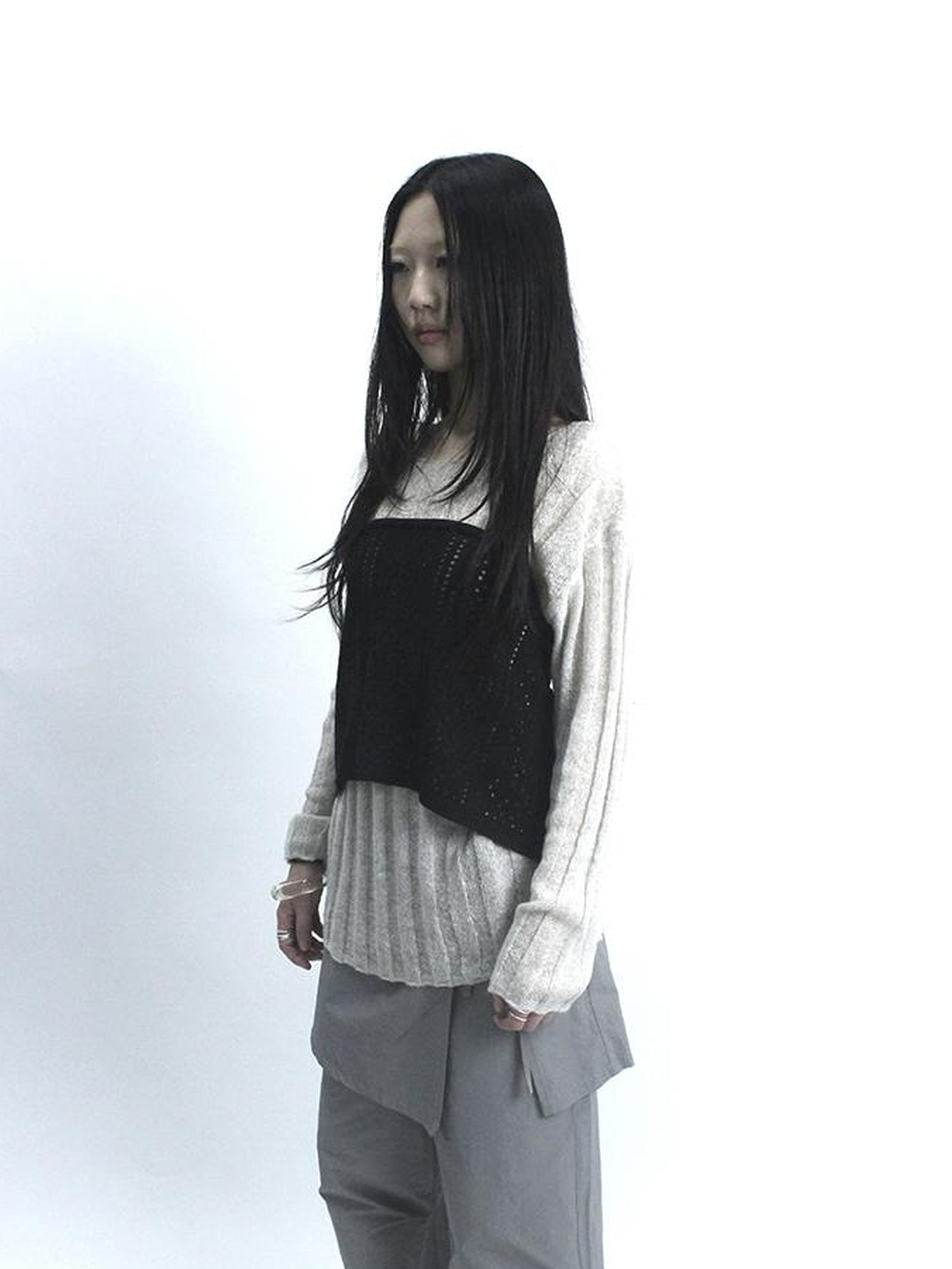 Updateang project Retro V-Neck Double Layer Knit Crossover Bodysuit With Lace Up