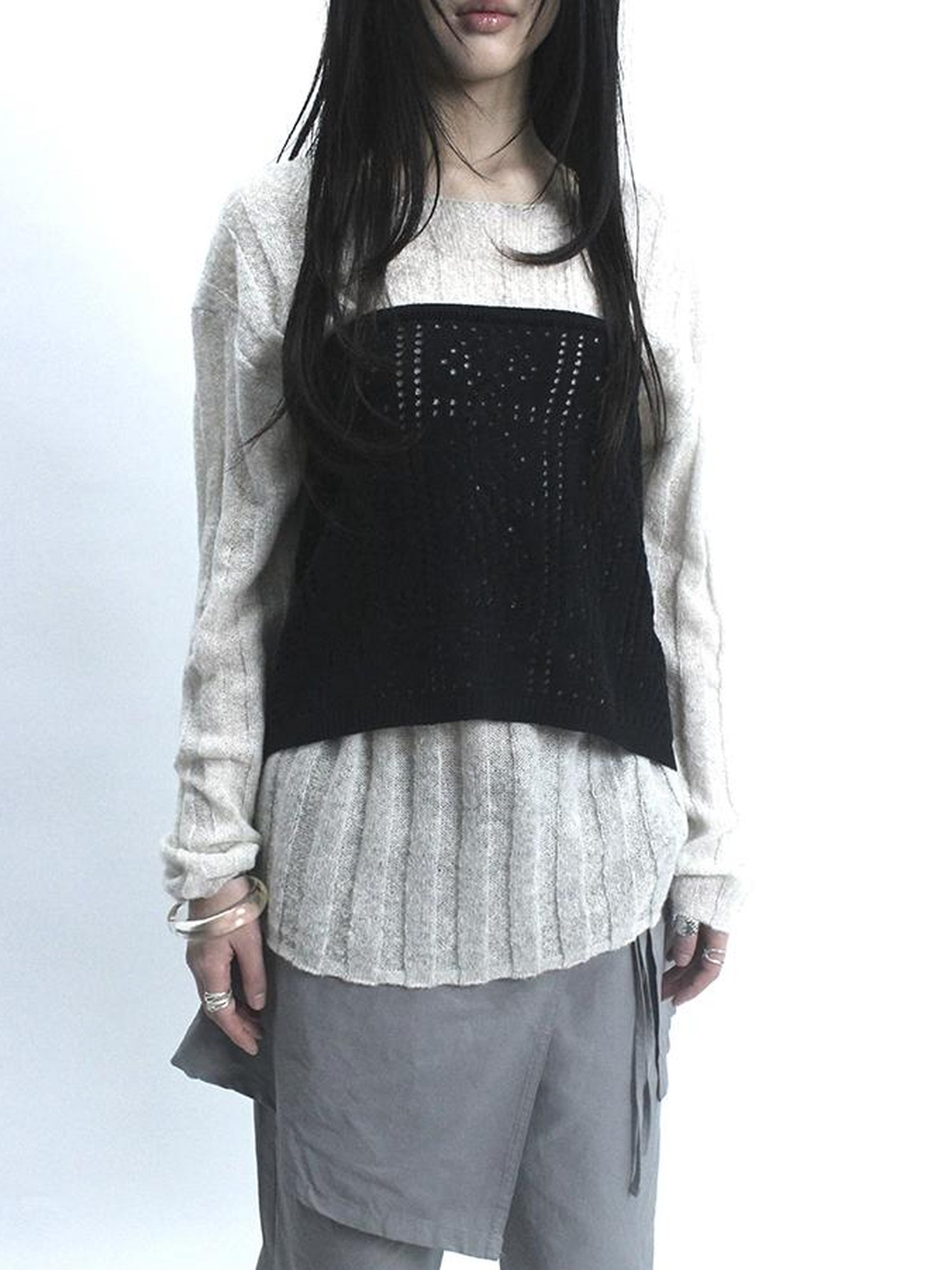 Updateang project Retro V-Neck Double Layer Knit Crossover Bodysuit With Lace Up