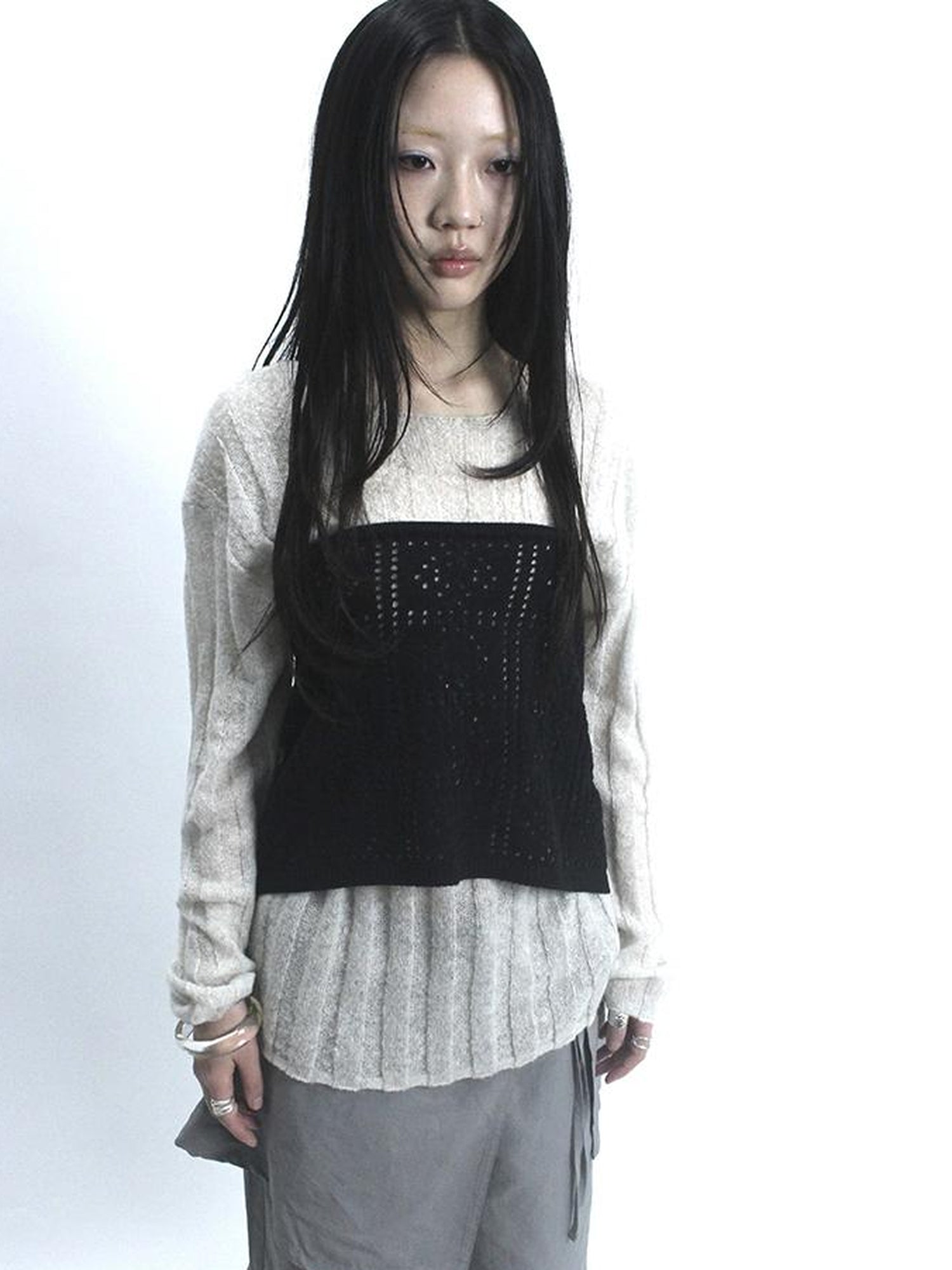 Updateang project Retro V-Neck Double Layer Knit Crossover Bodysuit With Lace Up