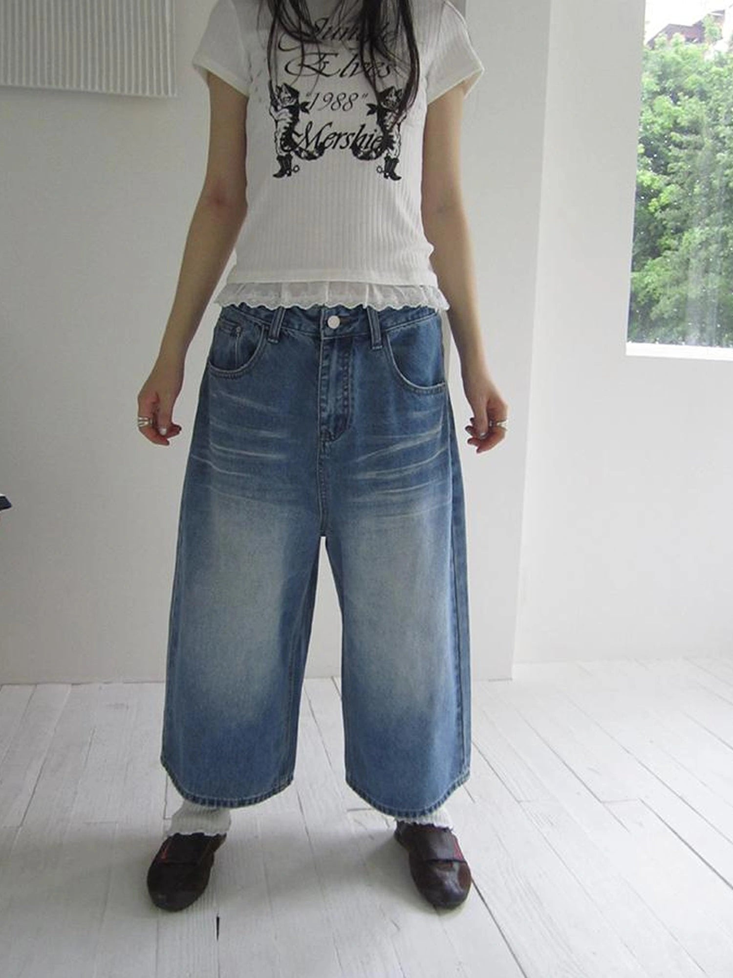 Retro Washed Vintage Wide Leg Cropped Jeans