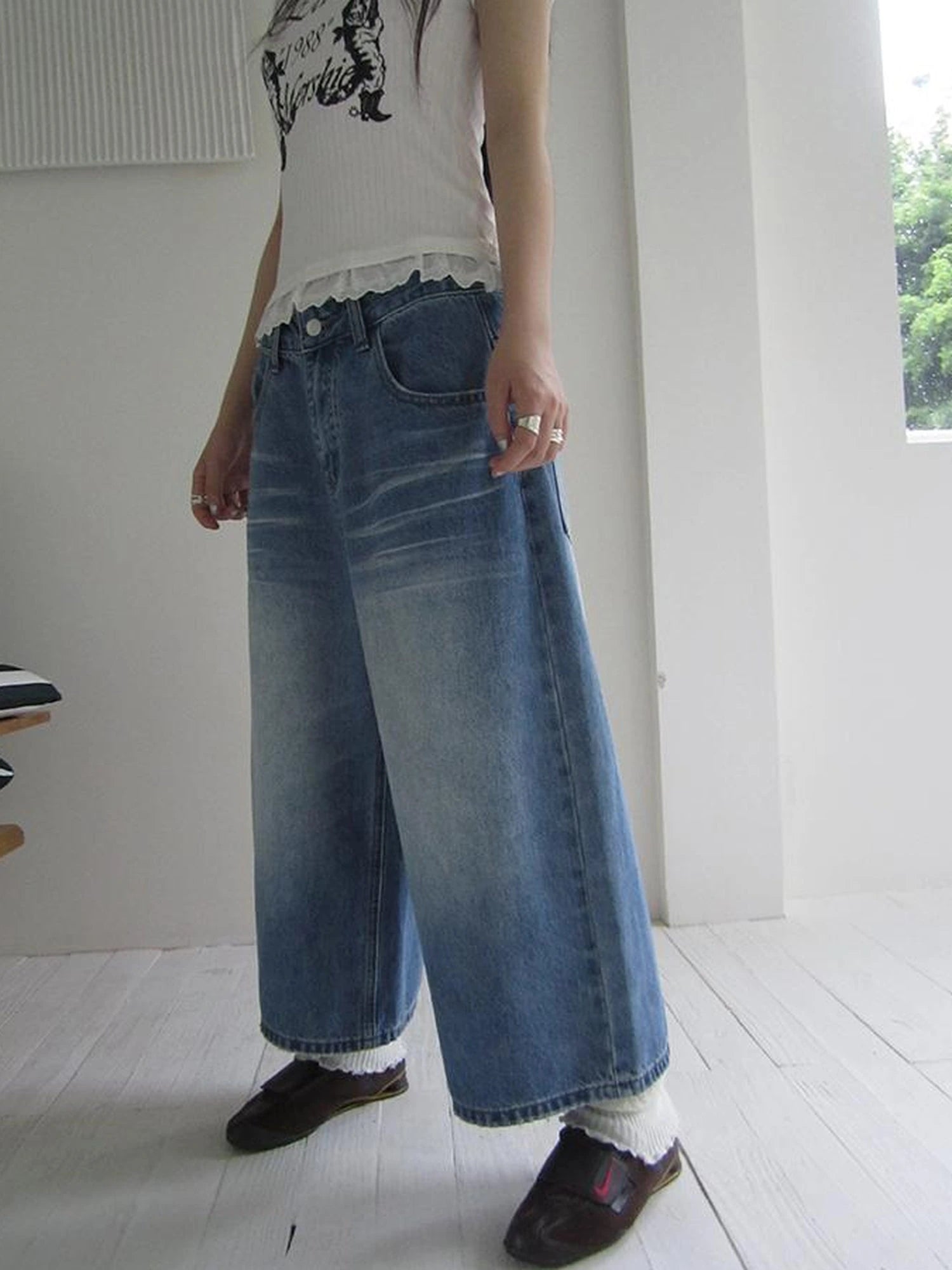 Retro Washed Vintage Wide Leg Cropped Jeans