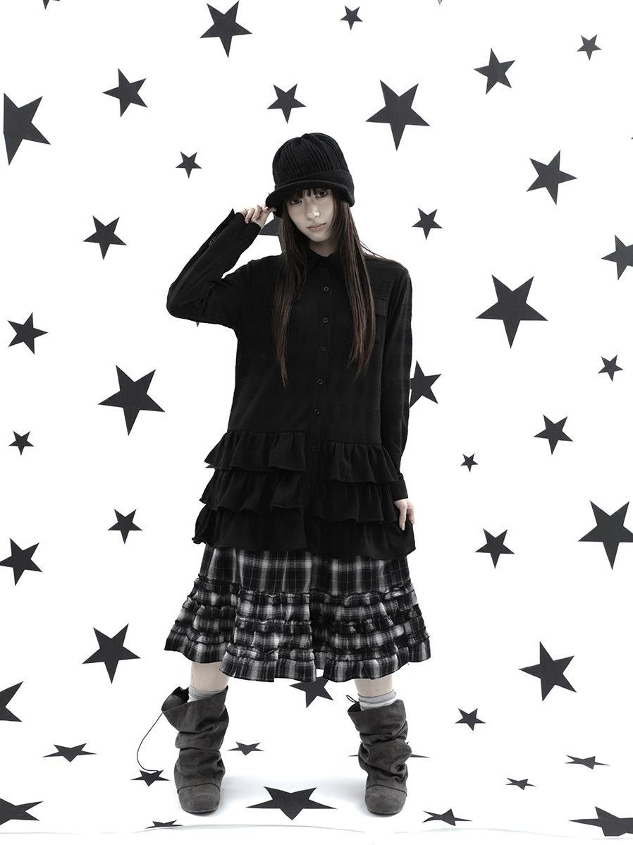 ang project Ruffle Tiered Hem Lapel Collar Mid Length Loose Long Sleeve Women&