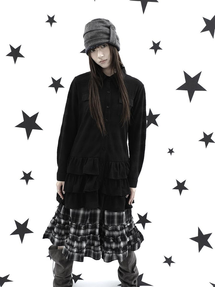 ang project Ruffle Tiered Hem Lapel Collar Mid Length Loose Long Sleeve Women&