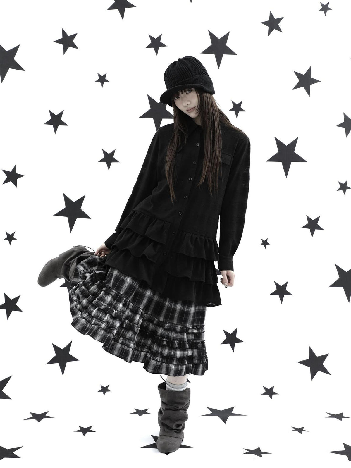 ang project Ruffle Tiered Hem Lapel Collar Mid Length Loose Long Sleeve Women&