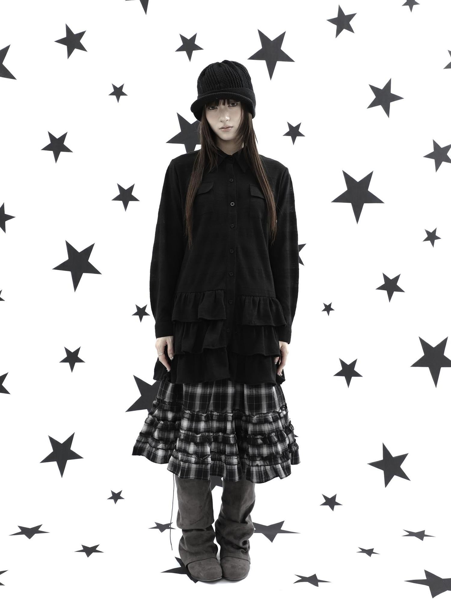 ang project Ruffle Tiered Hem Lapel Collar Mid Length Loose Long Sleeve Women&