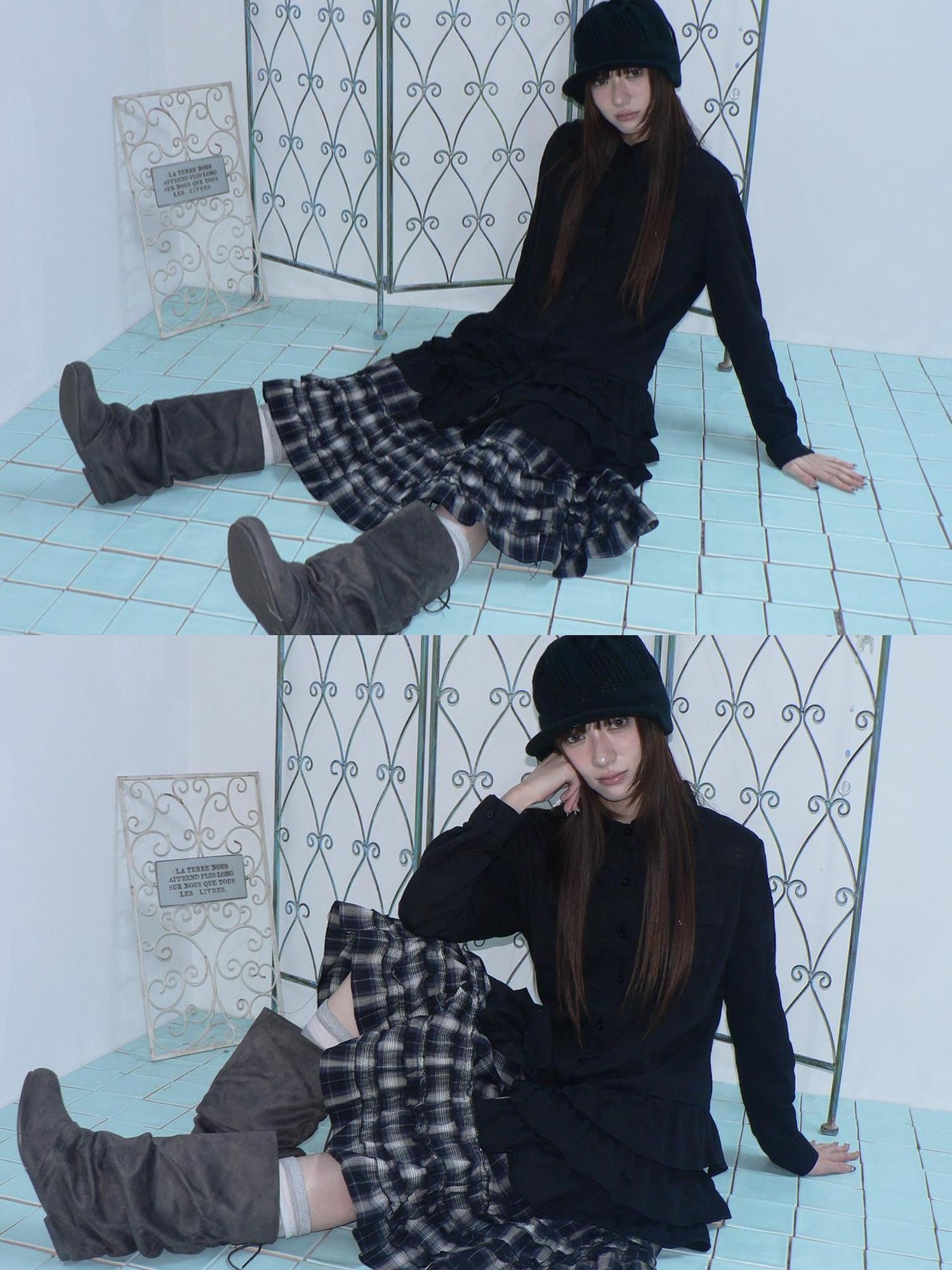ang project Ruffle Tiered Hem Lapel Collar Mid Length Loose Long Sleeve Women&