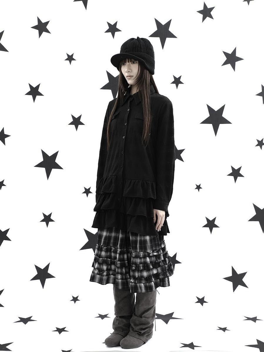 ang project Ruffle Tiered Hem Lapel Collar Mid Length Loose Long Sleeve Women&