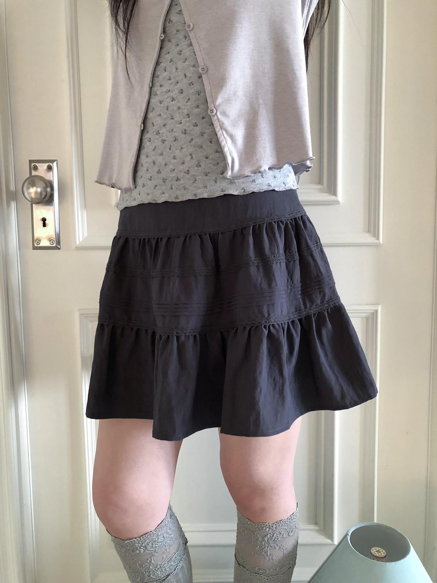 ang project Ruffled Lace Spliced Pleated High Waist Women&
