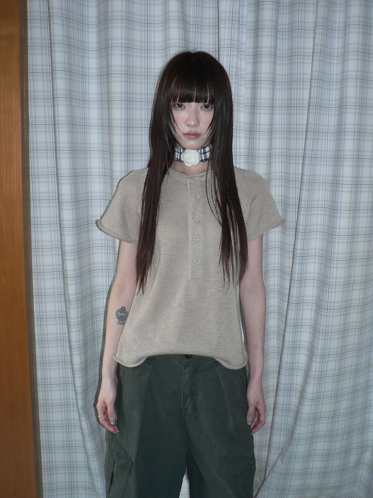 ang_project_Semi_Sheer_Openwork_Cutout_Half_Button_Short_Sleeve_Women&