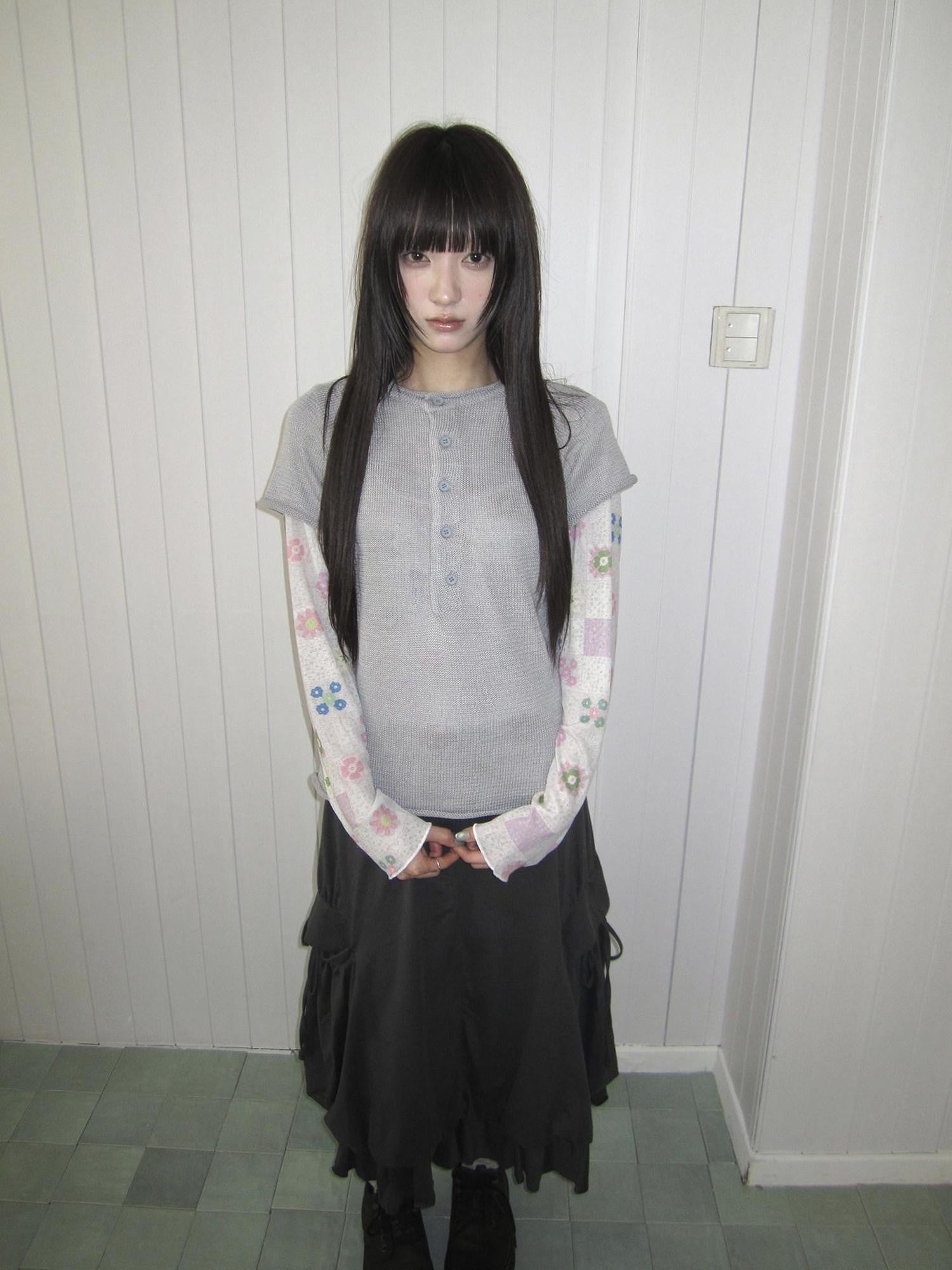 ang project Semi Sheer Openwork Cutout Half Button Short Sleeve Women&