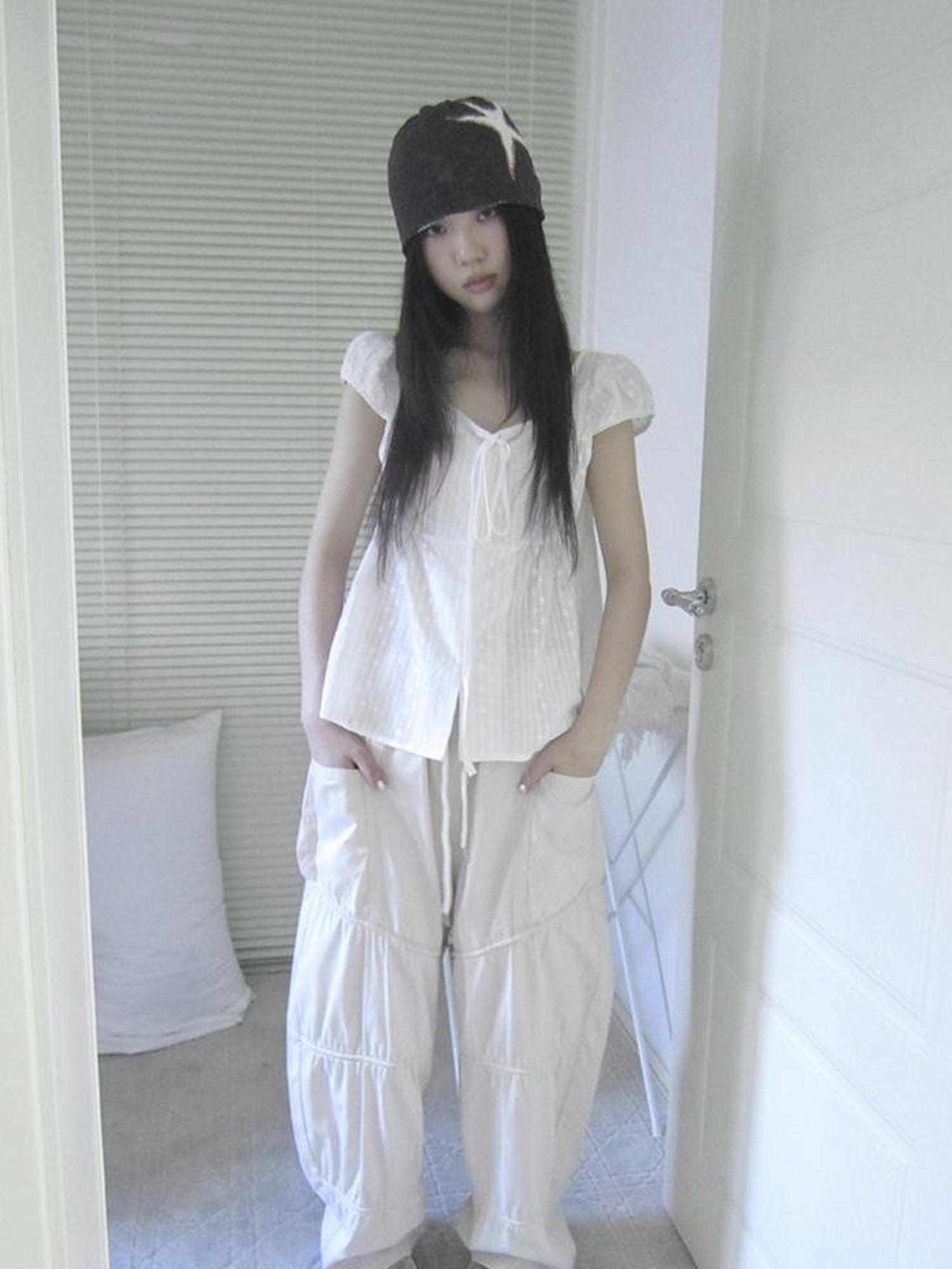 ang project Sheer Embroidered V-Neck Tie Front Bubble Sleeve Blouse