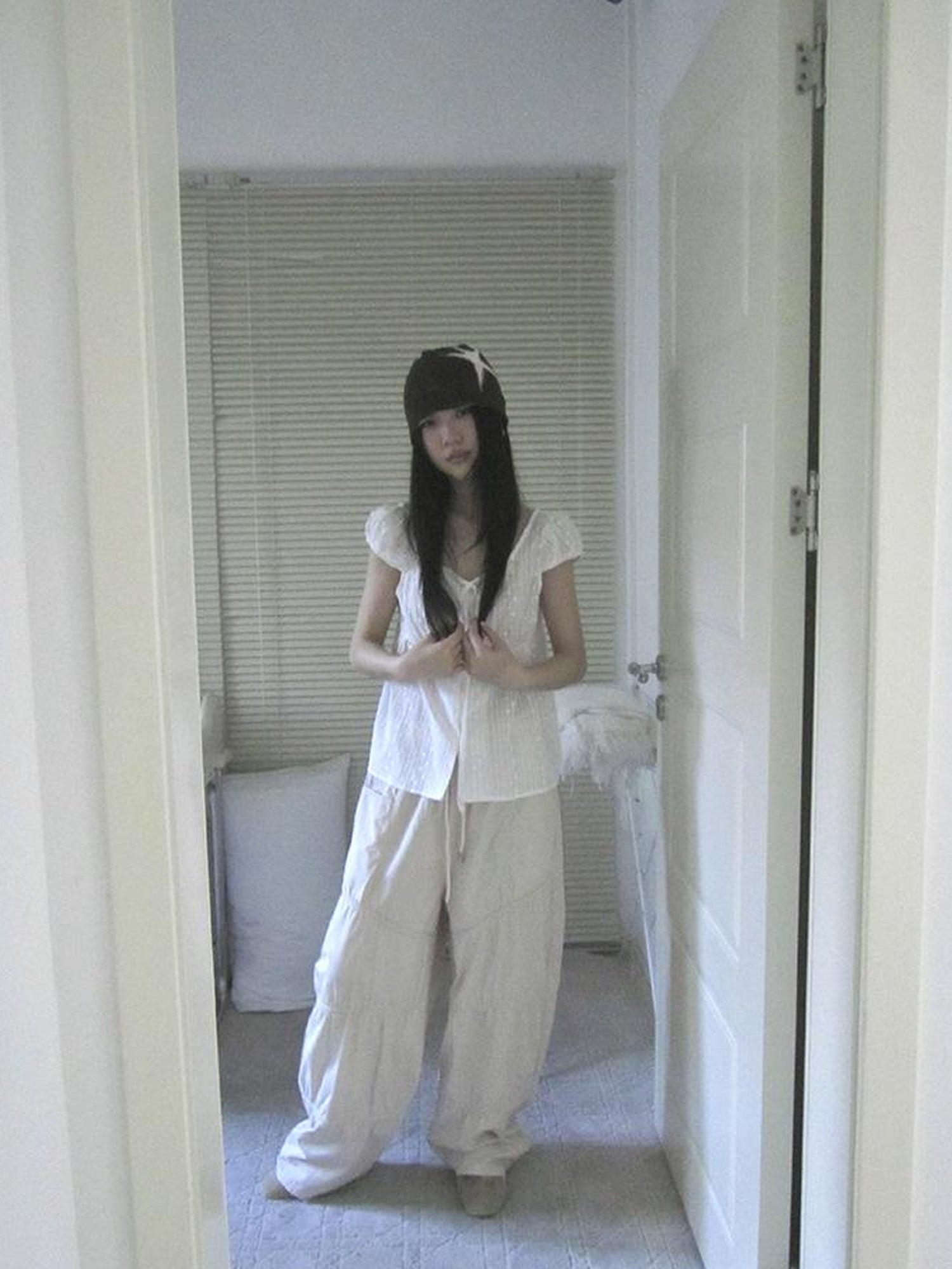 ang project Sheer Embroidered V-Neck Tie Front Bubble Sleeve Blouse