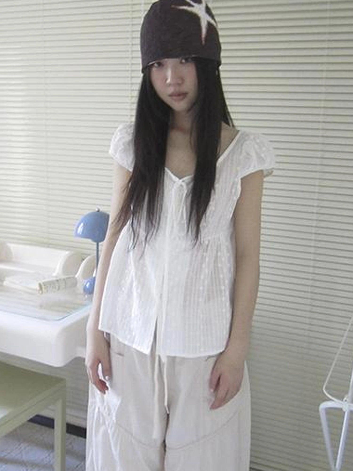 Sheer Embroidered V-Neck Tie Front Bubble Sleeve Blouse