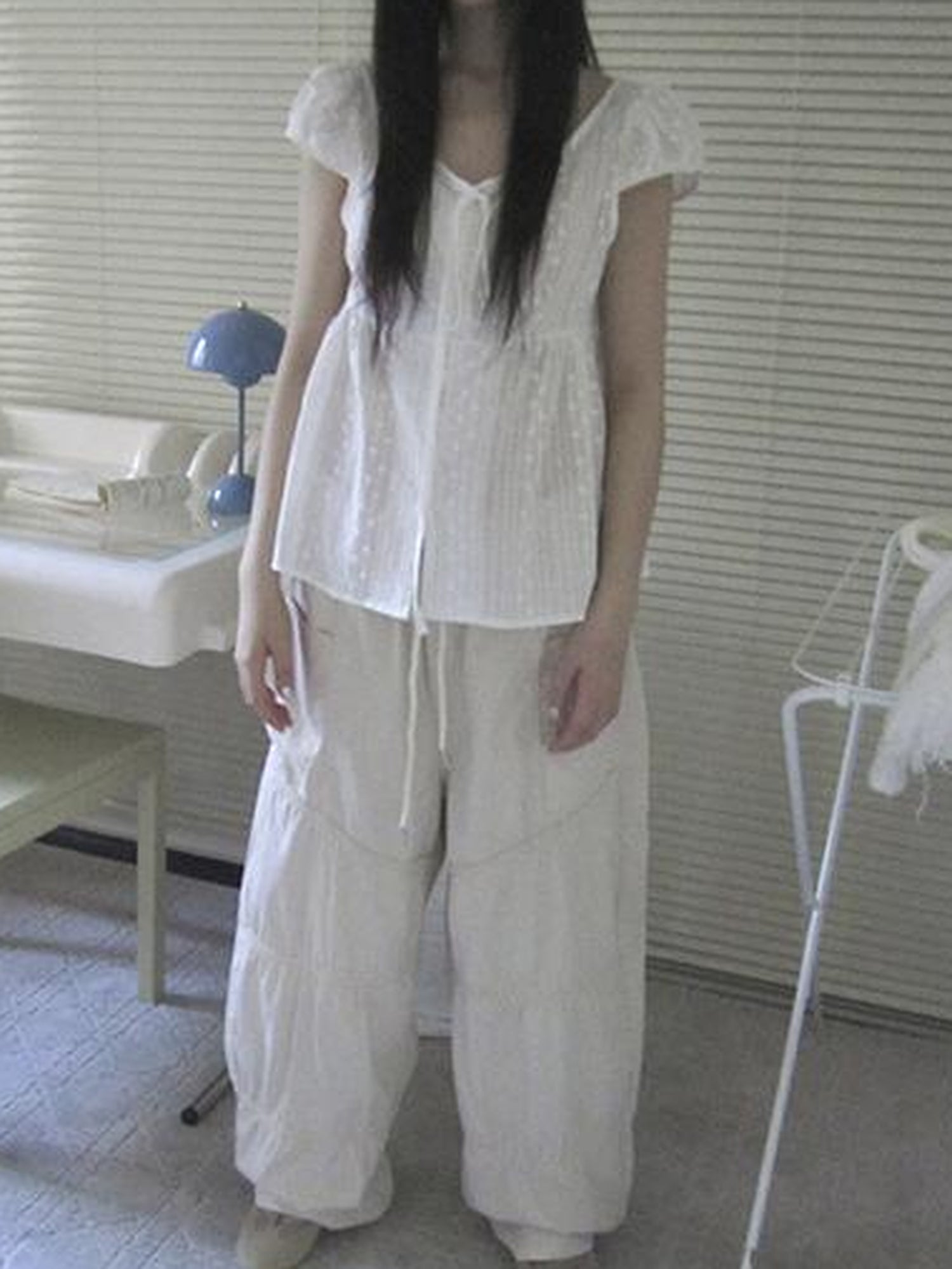 ang project Sheer Embroidered V-Neck Tie Front Bubble Sleeve Blouse