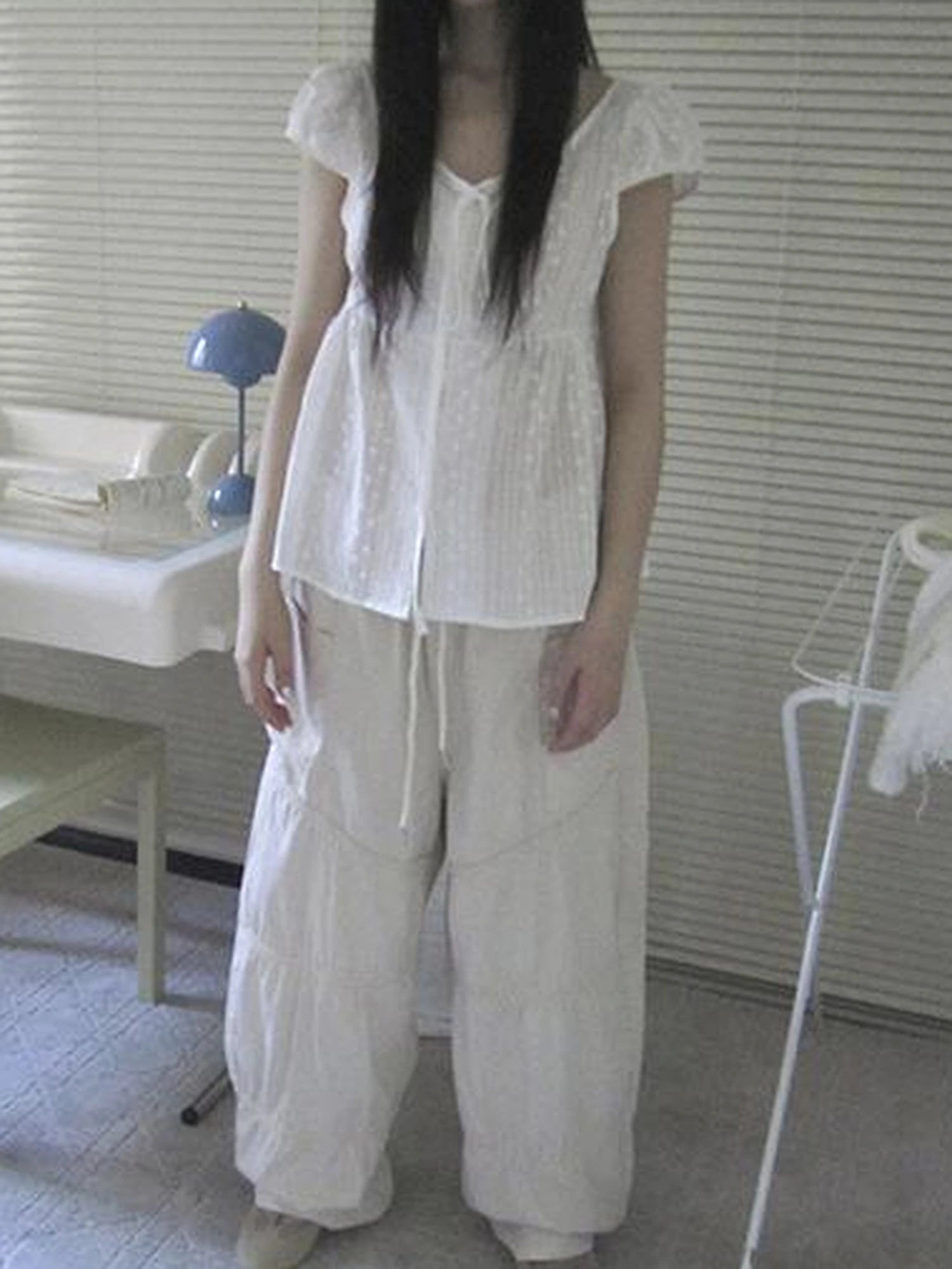 Sheer Embroidered V-Neck Tie Front Bubble Sleeve Blouse