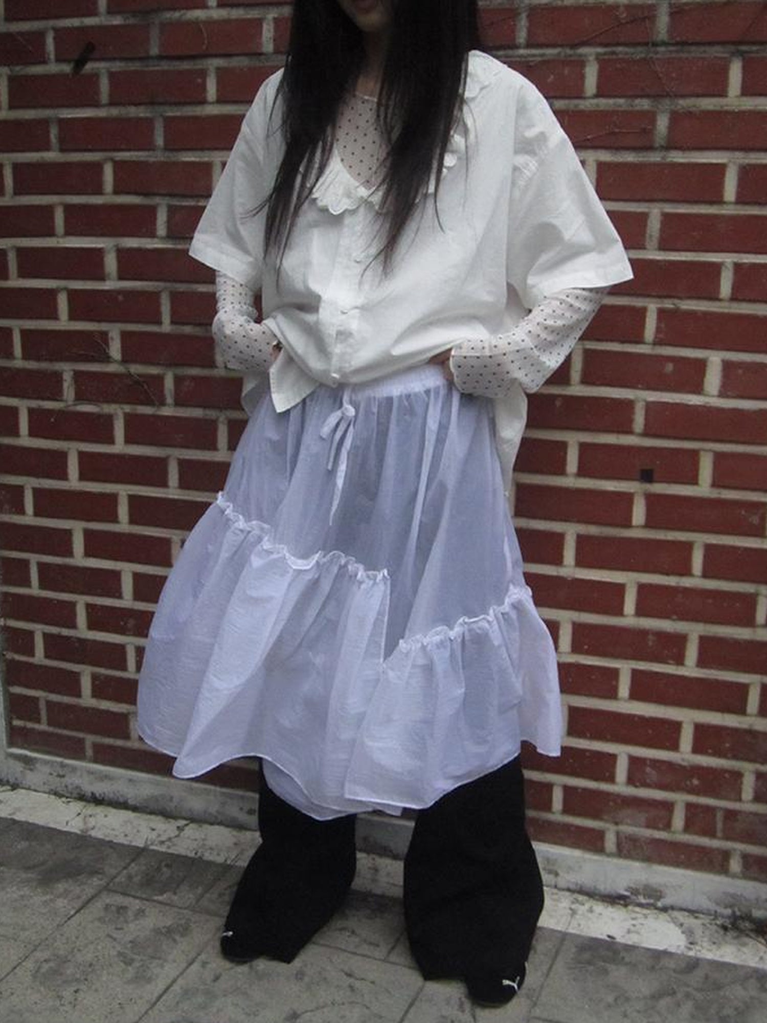 ang project Sheer Layered Ruffle Tie Waist Skirt