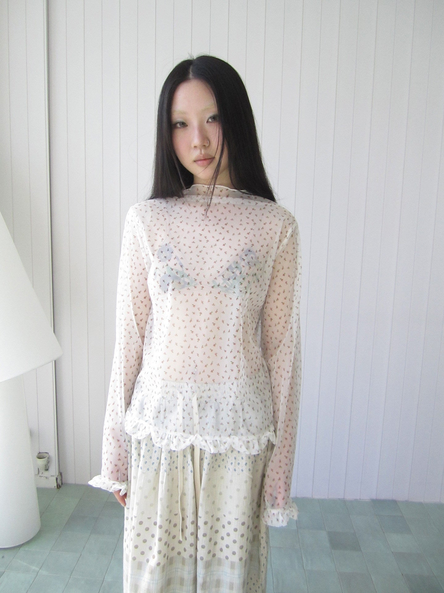 ang_project_Sheer_Mesh_Lace_Trim_Floral_Print_Semi_High_Neck_Women&