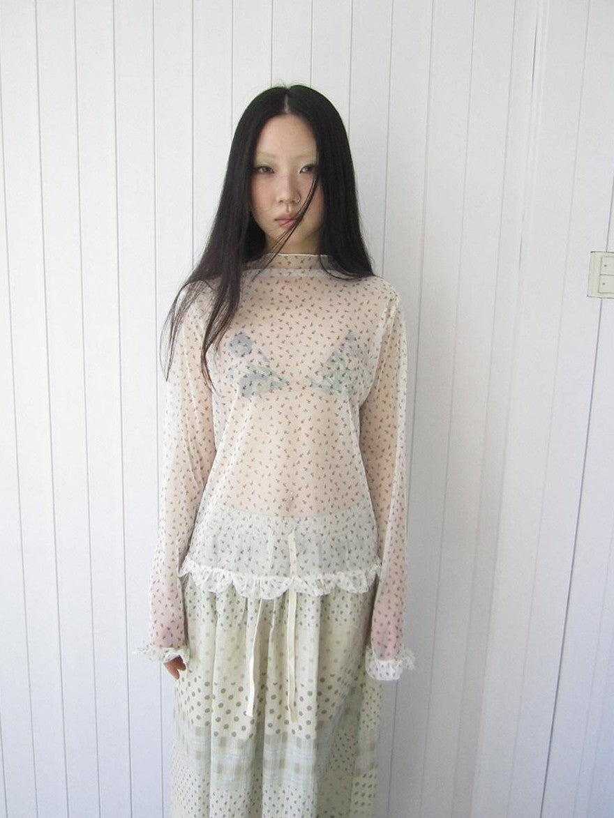 ang project Sheer Mesh Lace Trim Floral Print Semi High Neck Women&