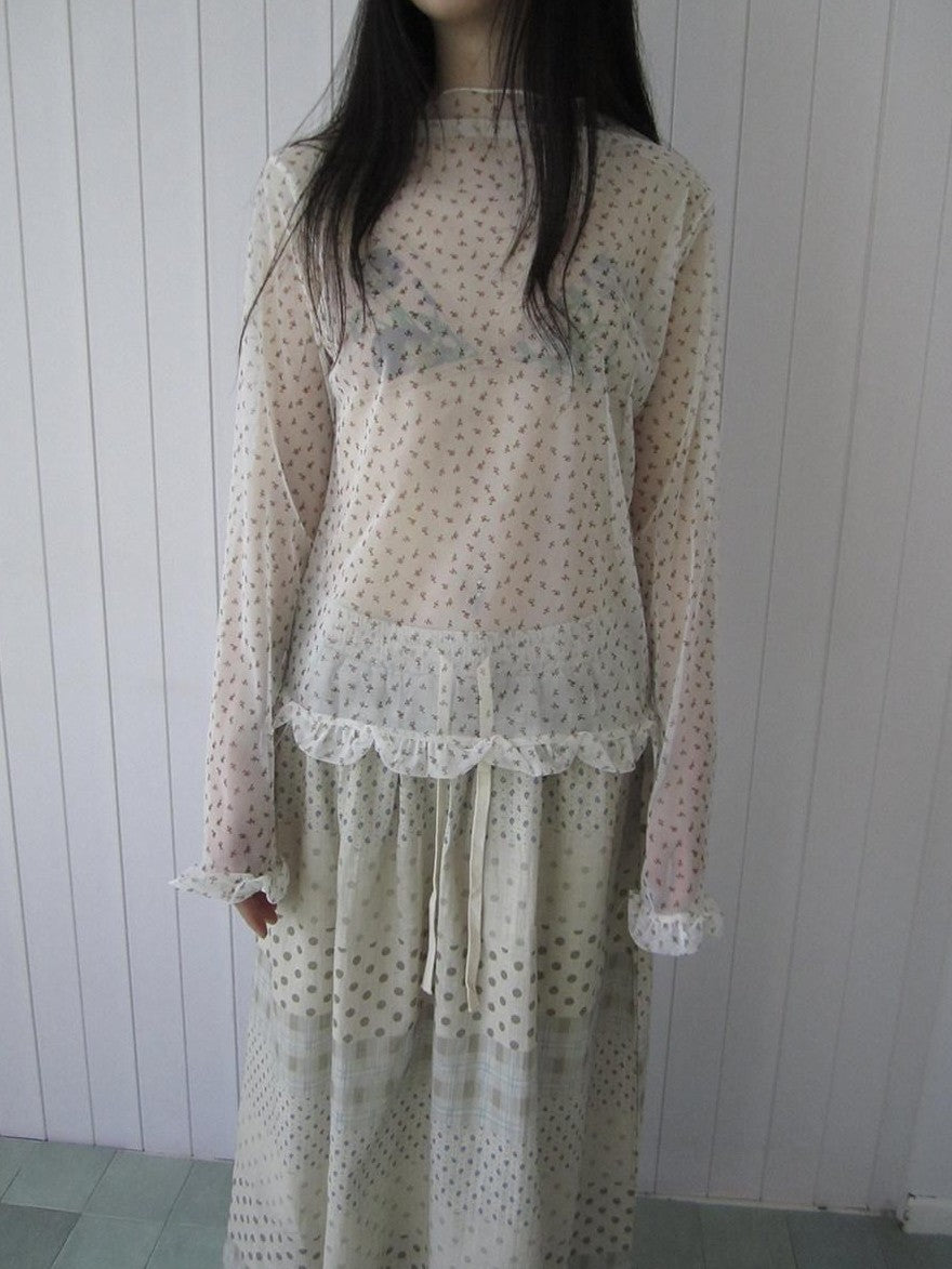 ang project Sheer Mesh Lace Trim Floral Print Semi High Neck Women&