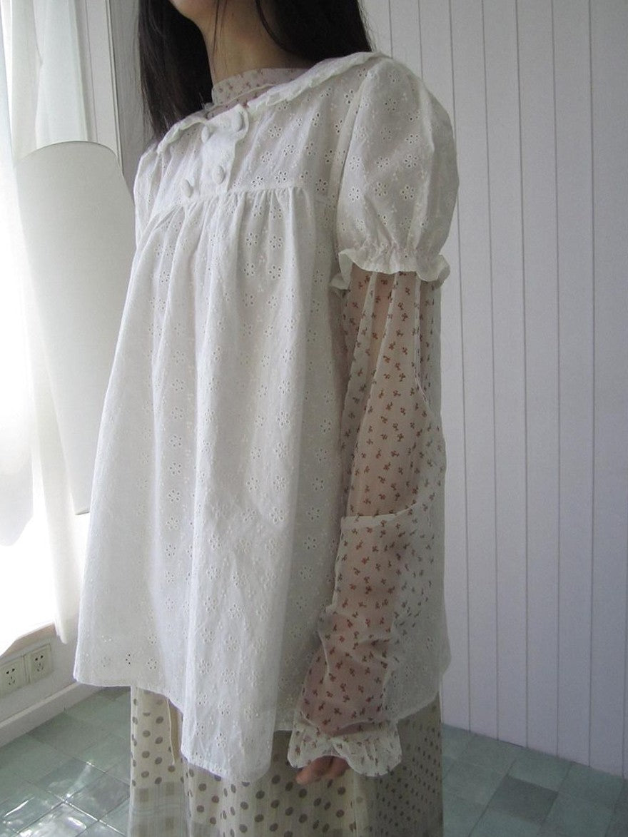 ang project Sheer Mesh Lace Trim Floral Print Semi High Neck Women&