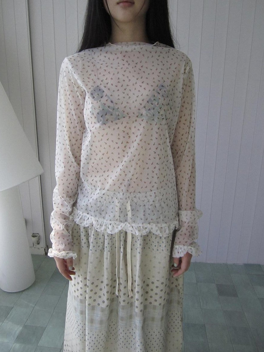 ang project Sheer Mesh Lace Trim Floral Print Semi High Neck Women&
