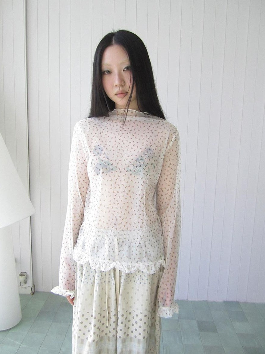 ang project Sheer Mesh Lace Trim Floral Print Semi High Neck Women&