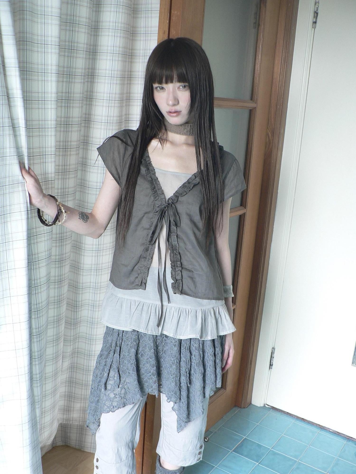 ang project Sheer Ruffle Patchwork Faux Two Piece Tie Korean Women&