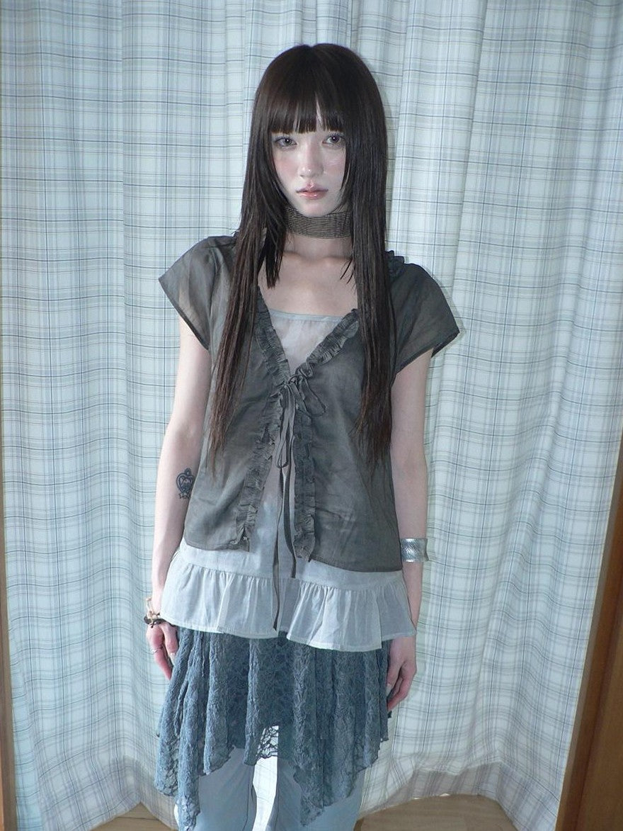 ang project Sheer Ruffle Patchwork Faux Two Piece Tie Korean Women&