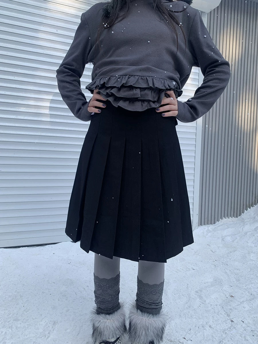 ang project Side Zipper Pleated Korean Style Casual Women Natural Waist Midi Skirt