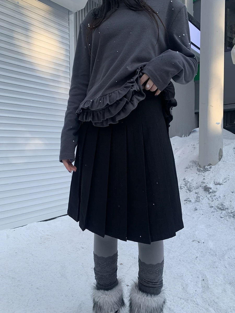 ang project Side Zipper Pleated Korean Style Casual Women Natural Waist Midi Skirt