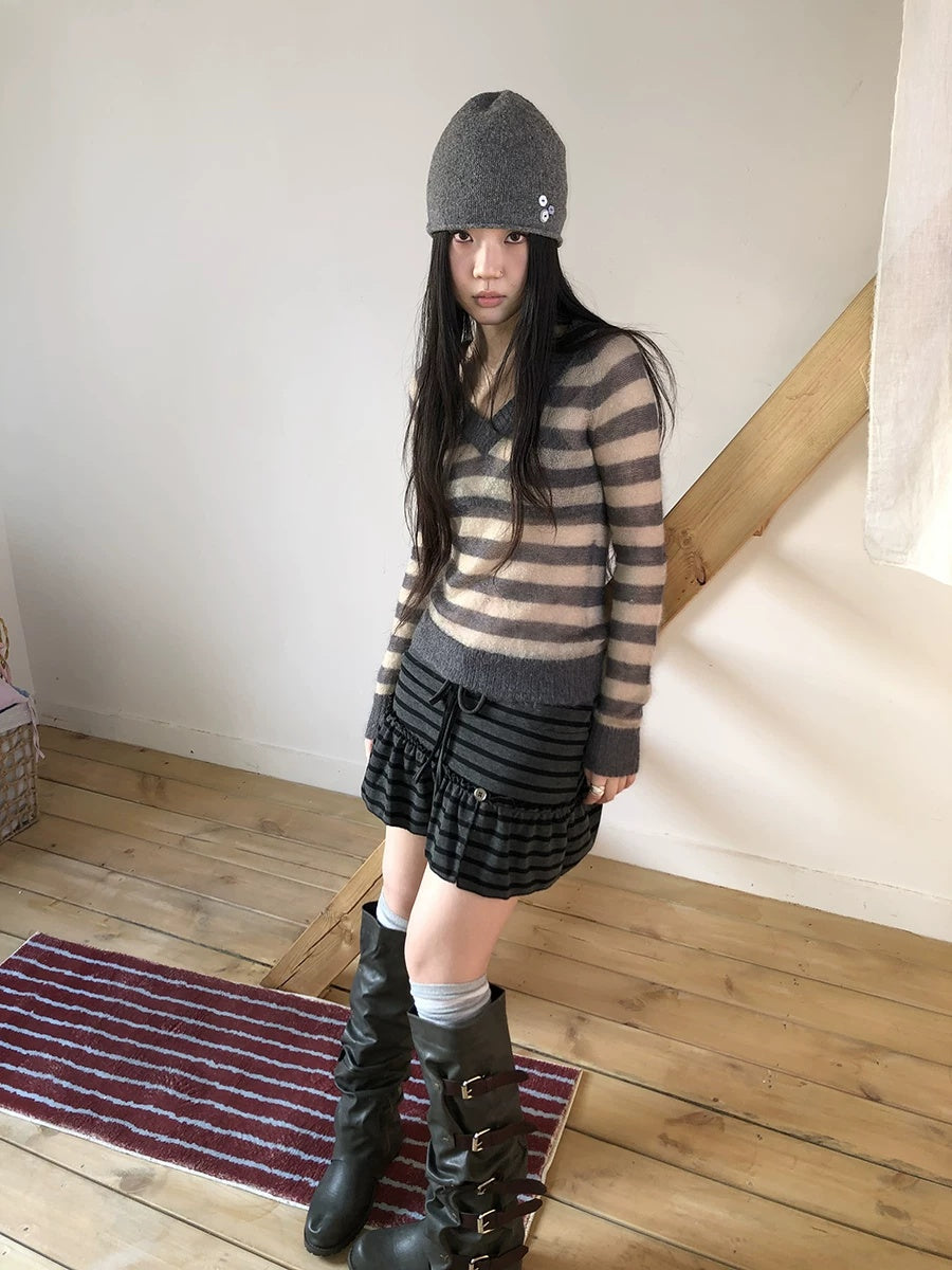 ang project Slim V Neck Contrast Striped Commuter Women Knit Long Sleeve T-Shirt