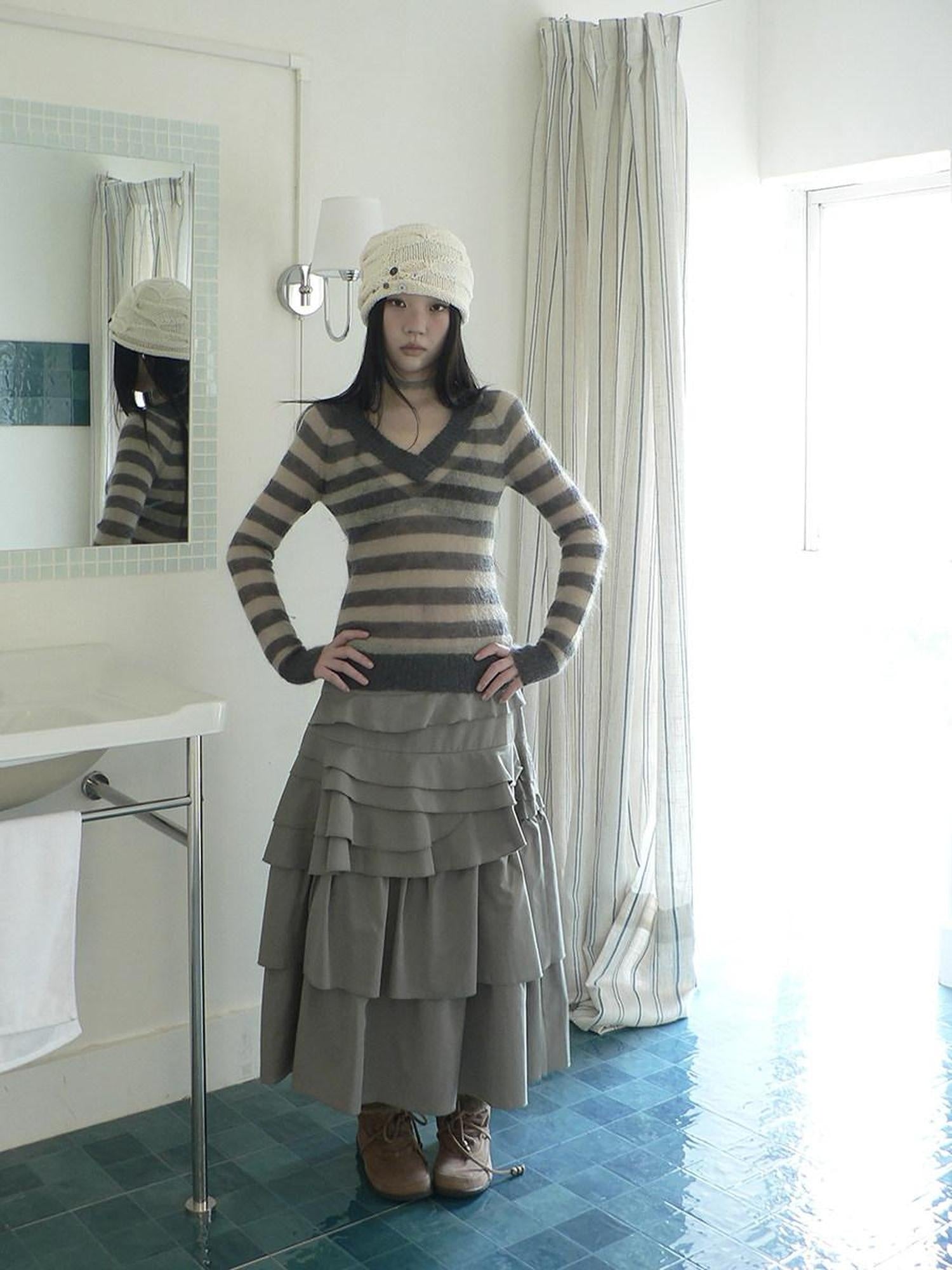 ang project Slim V Neck Contrast Striped Commuter Women Knit Long Sleeve T-Shirt