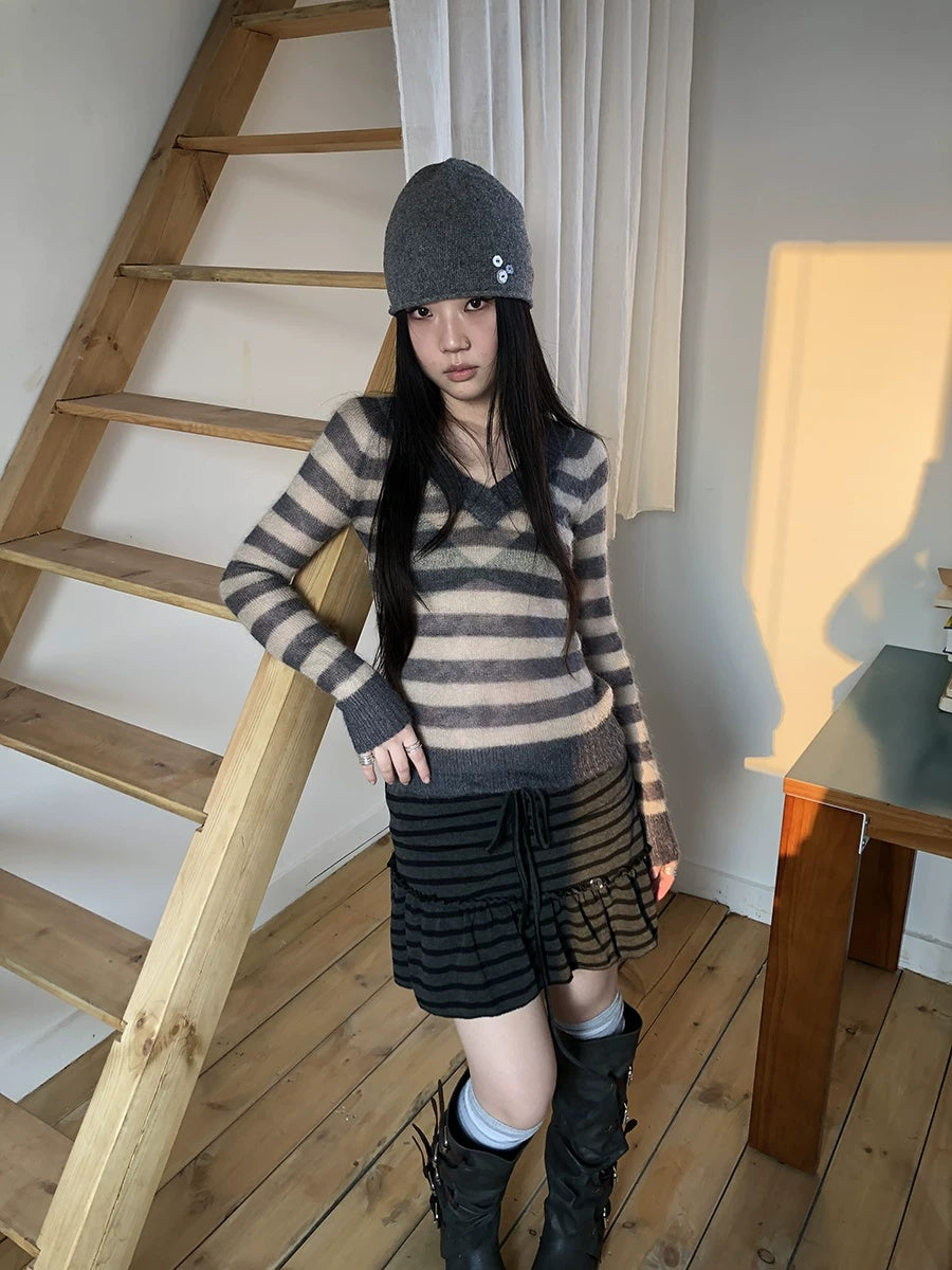 ang project Slim V Neck Contrast Striped Commuter Women Knit Long Sleeve T-Shirt