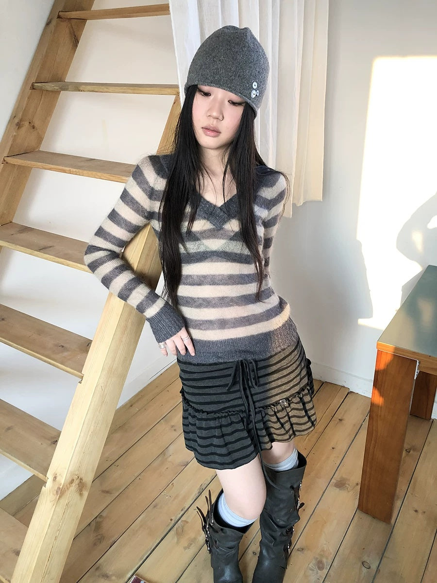ang project Slim V Neck Contrast Striped Commuter Women Knit Long Sleeve T-Shirt