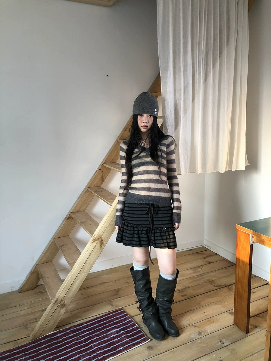 ang project Slim V Neck Contrast Striped Commuter Women Knit Long Sleeve T-Shirt