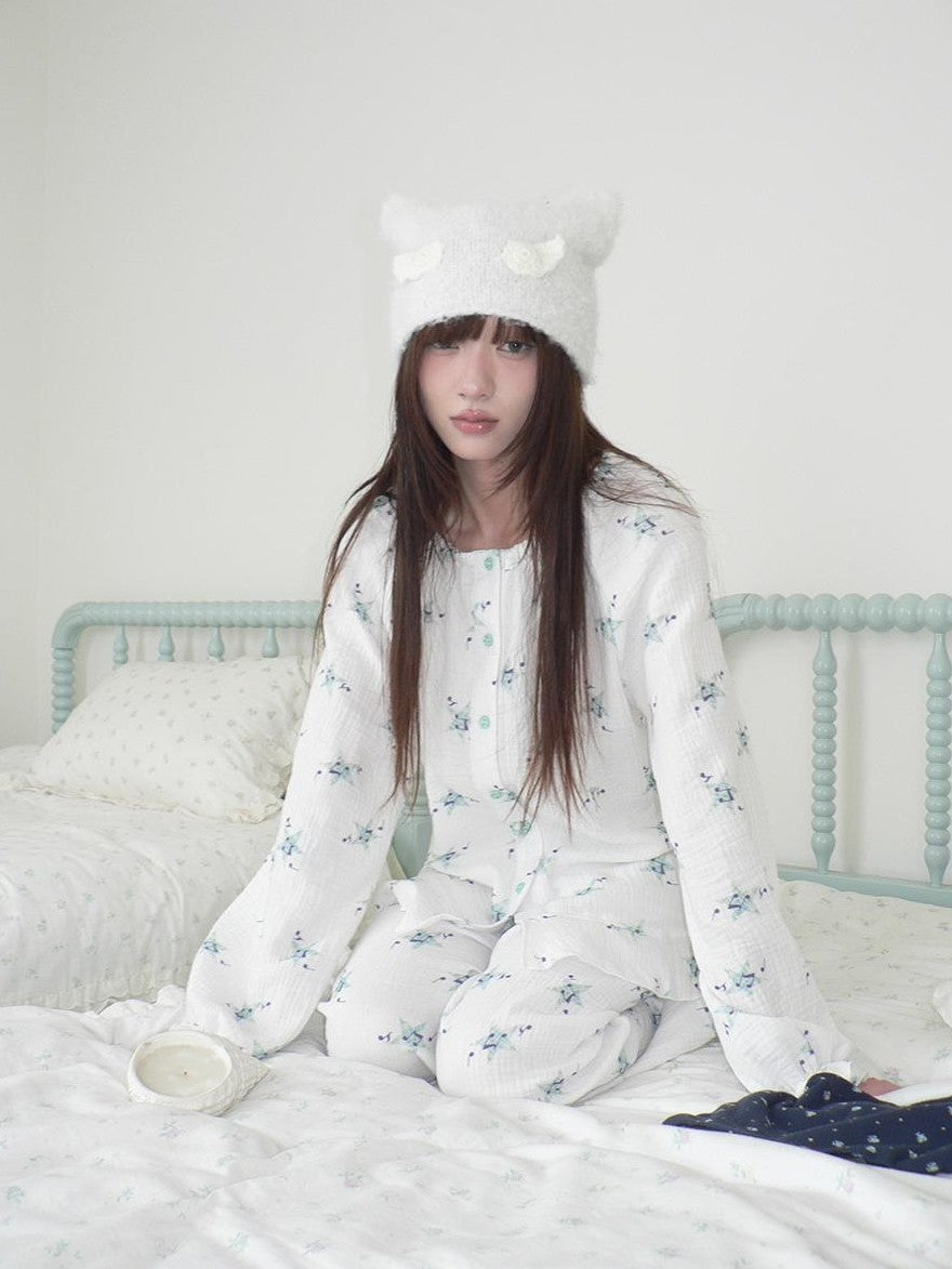 ang project Soft Musical Note Print Double Layer Cotton Long Sleeve Women&