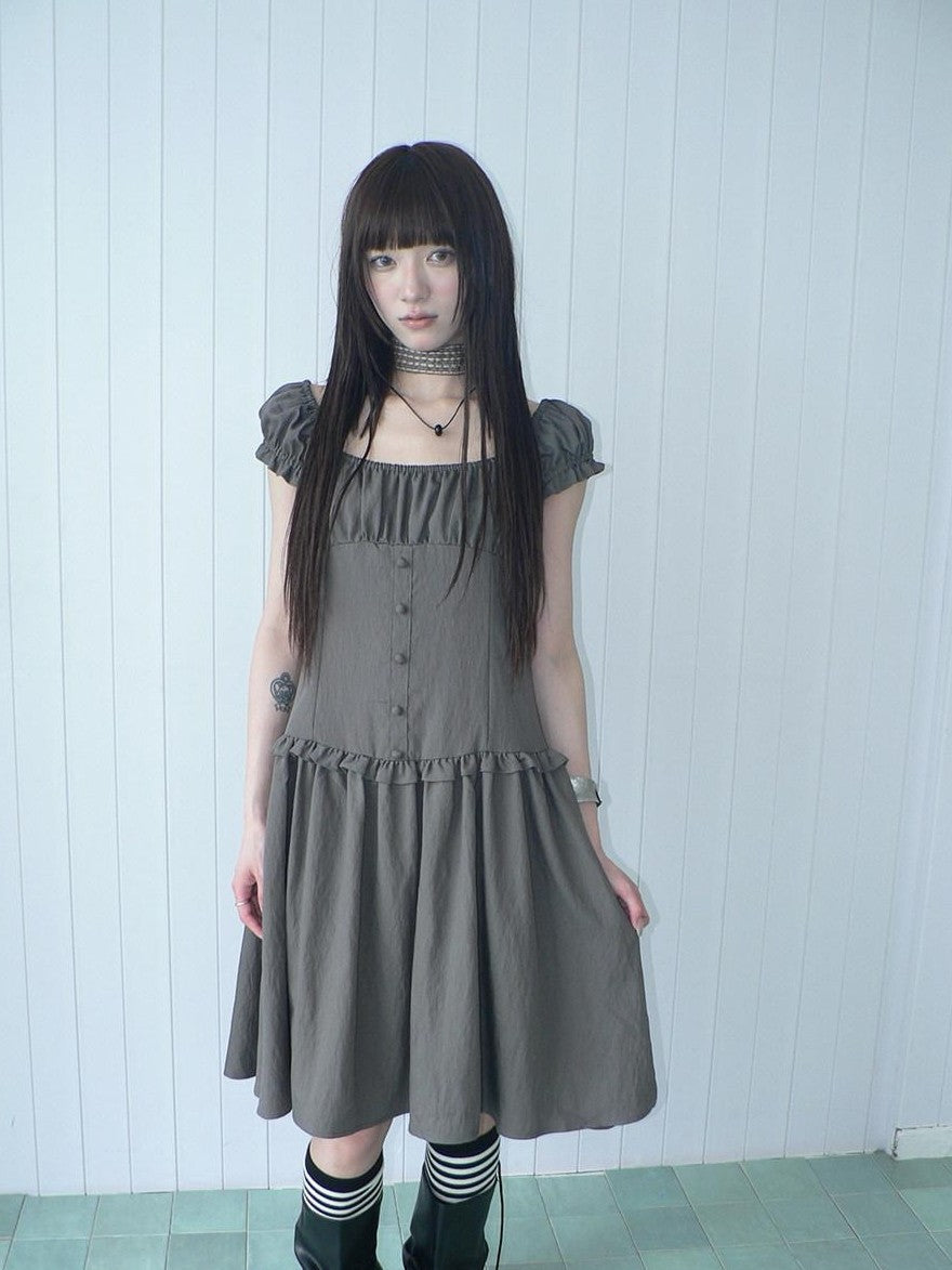 ang project Solid Charcoal Gray Square Neck Puff Sleeve Buttoned Cinched Waist Women&