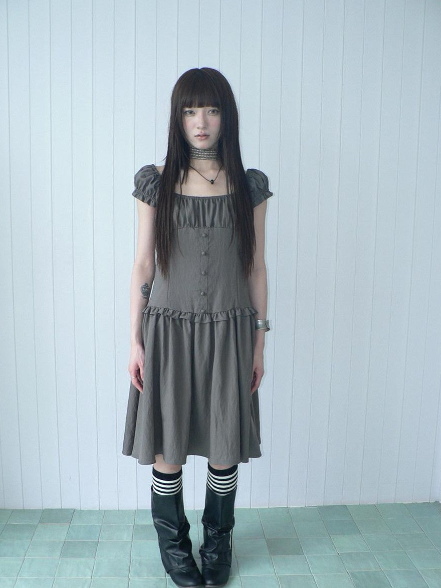ang project Solid Charcoal Gray Square Neck Puff Sleeve Buttoned Cinched Waist Women&