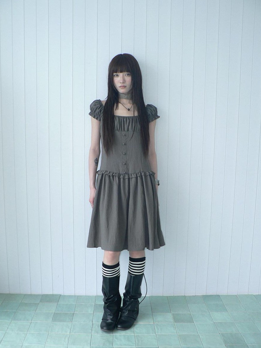 ang project Solid Charcoal Gray Square Neck Puff Sleeve Buttoned Cinched Waist Women&