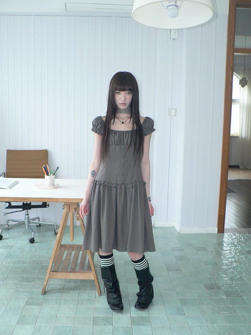 ang project Solid Charcoal Gray Square Neck Puff Sleeve Buttoned Cinched Waist Women&