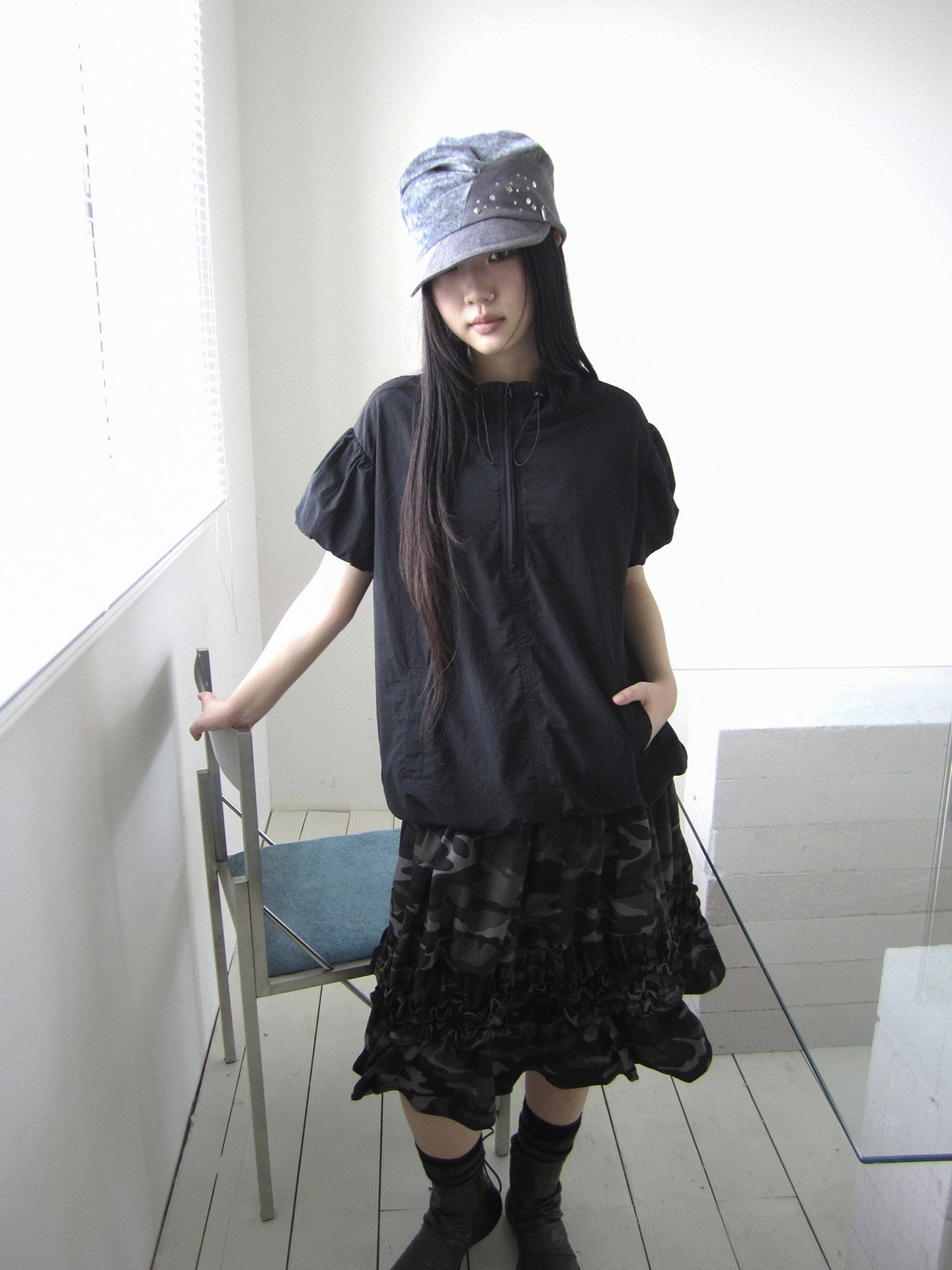 ang_project_Solid_Drawstring_Half_Zip_Stand_Collar_Women&