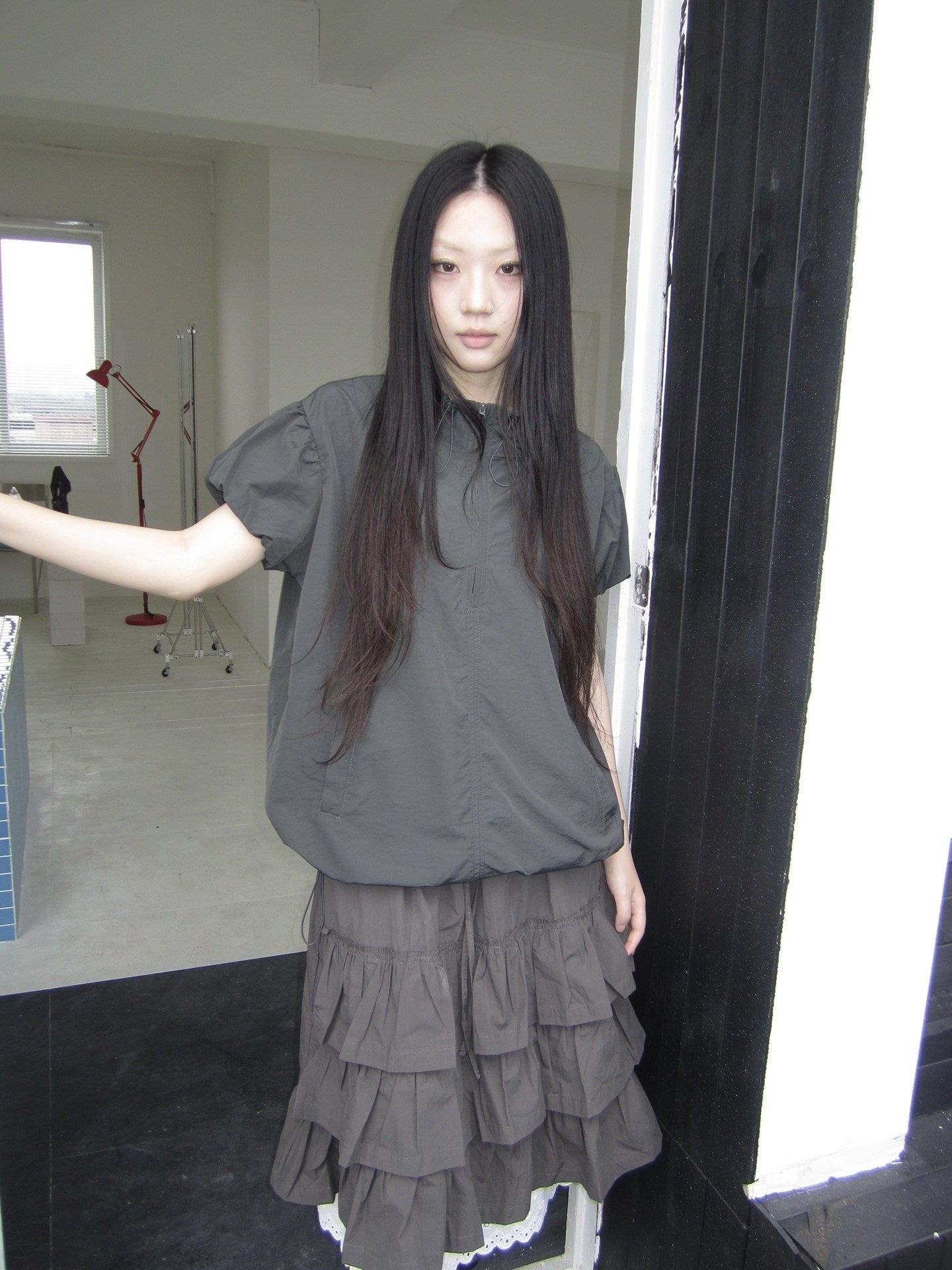 ang_project_Solid_Drawstring_Half_Zip_Stand_Collar_Women&