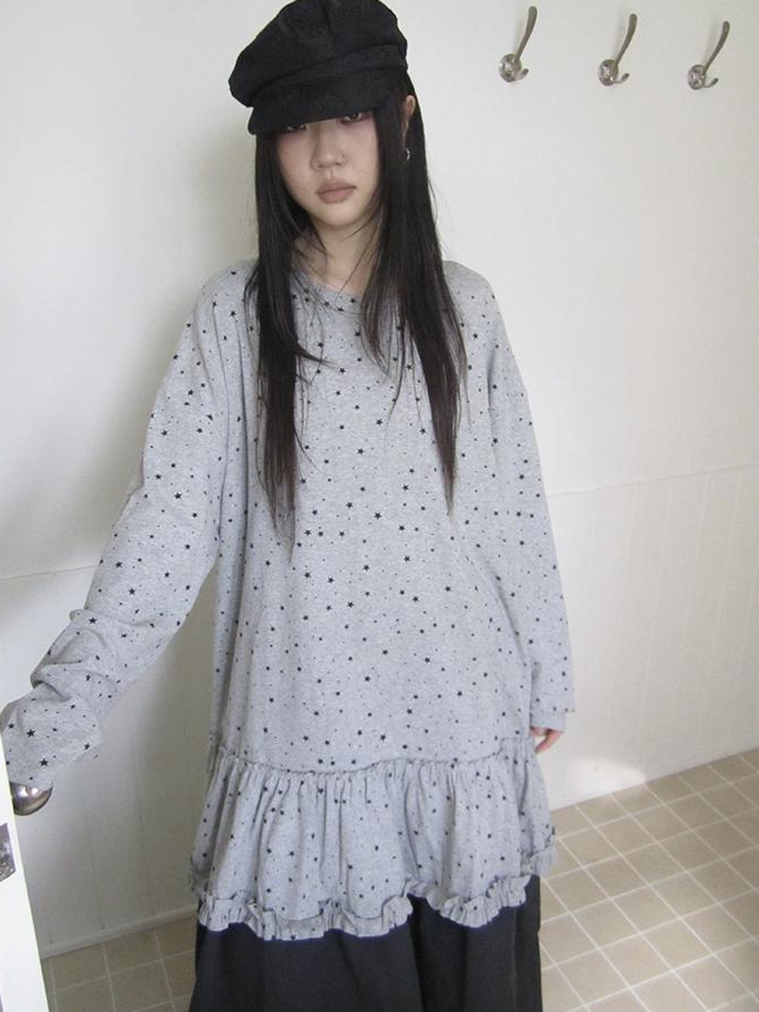 Updateang project Stars Print Lace Trim Oversized Long Sleeve Tee