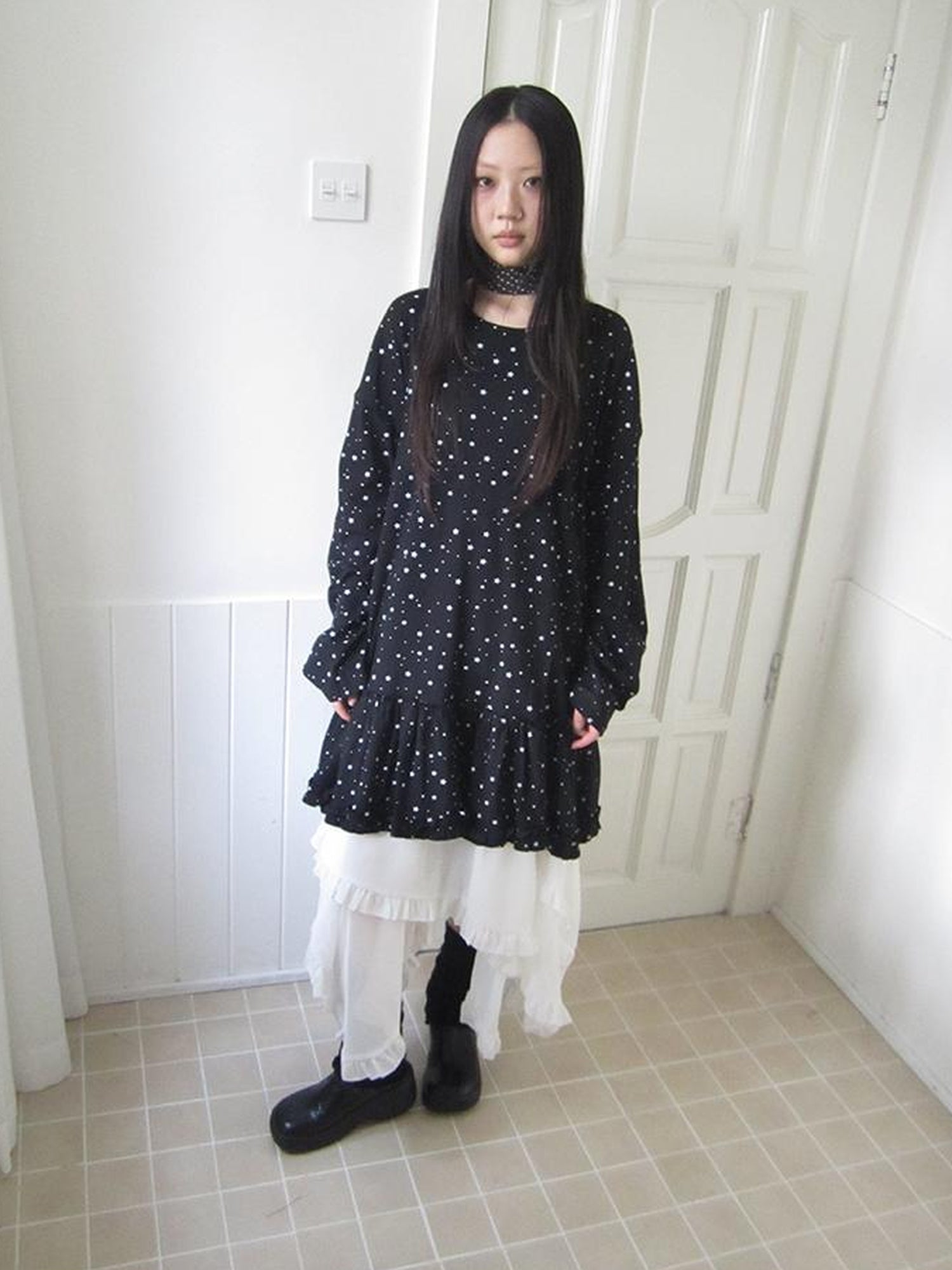 Updateang project Stars Print Lace Trim Oversized Long Sleeve Tee