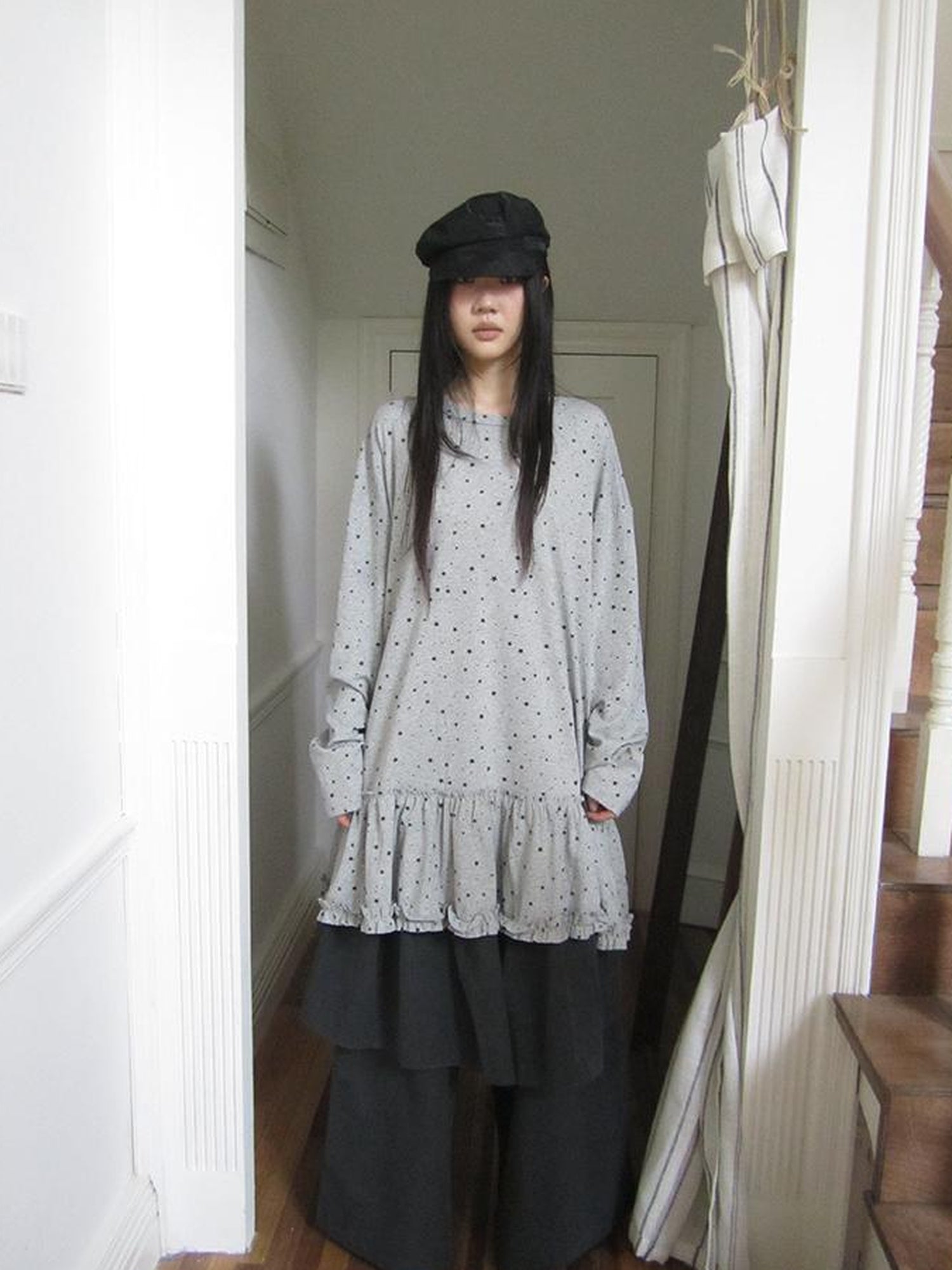 Updateang project Stars Print Lace Trim Oversized Long Sleeve Tee