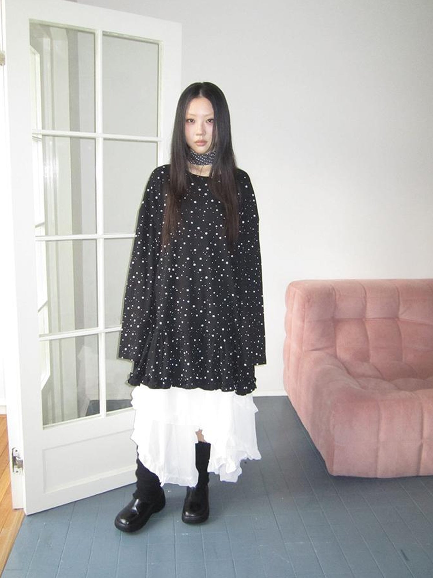 Updateang project Stars Print Lace Trim Oversized Long Sleeve Tee