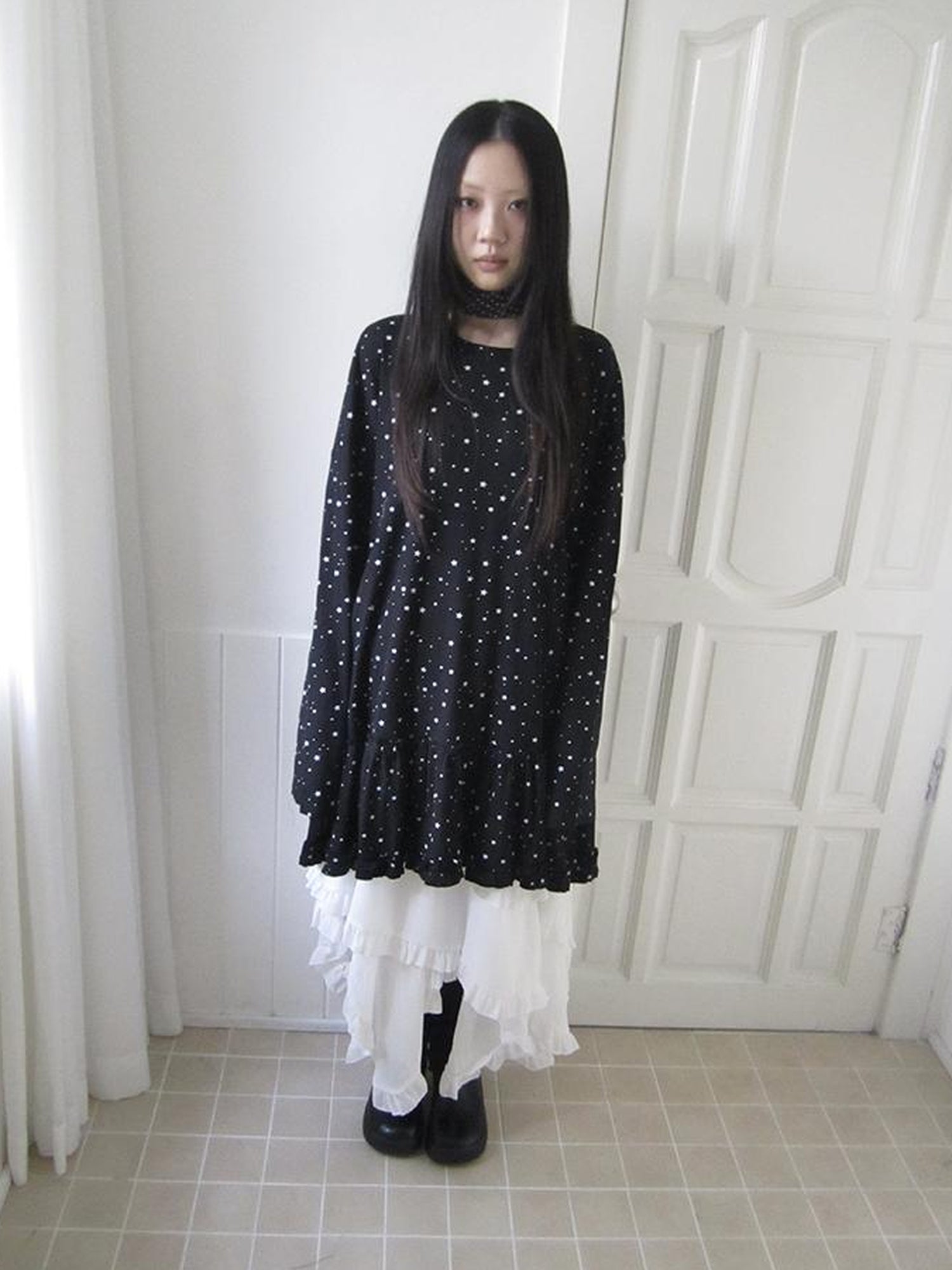 Updateang project Stars Print Lace Trim Oversized Long Sleeve Tee