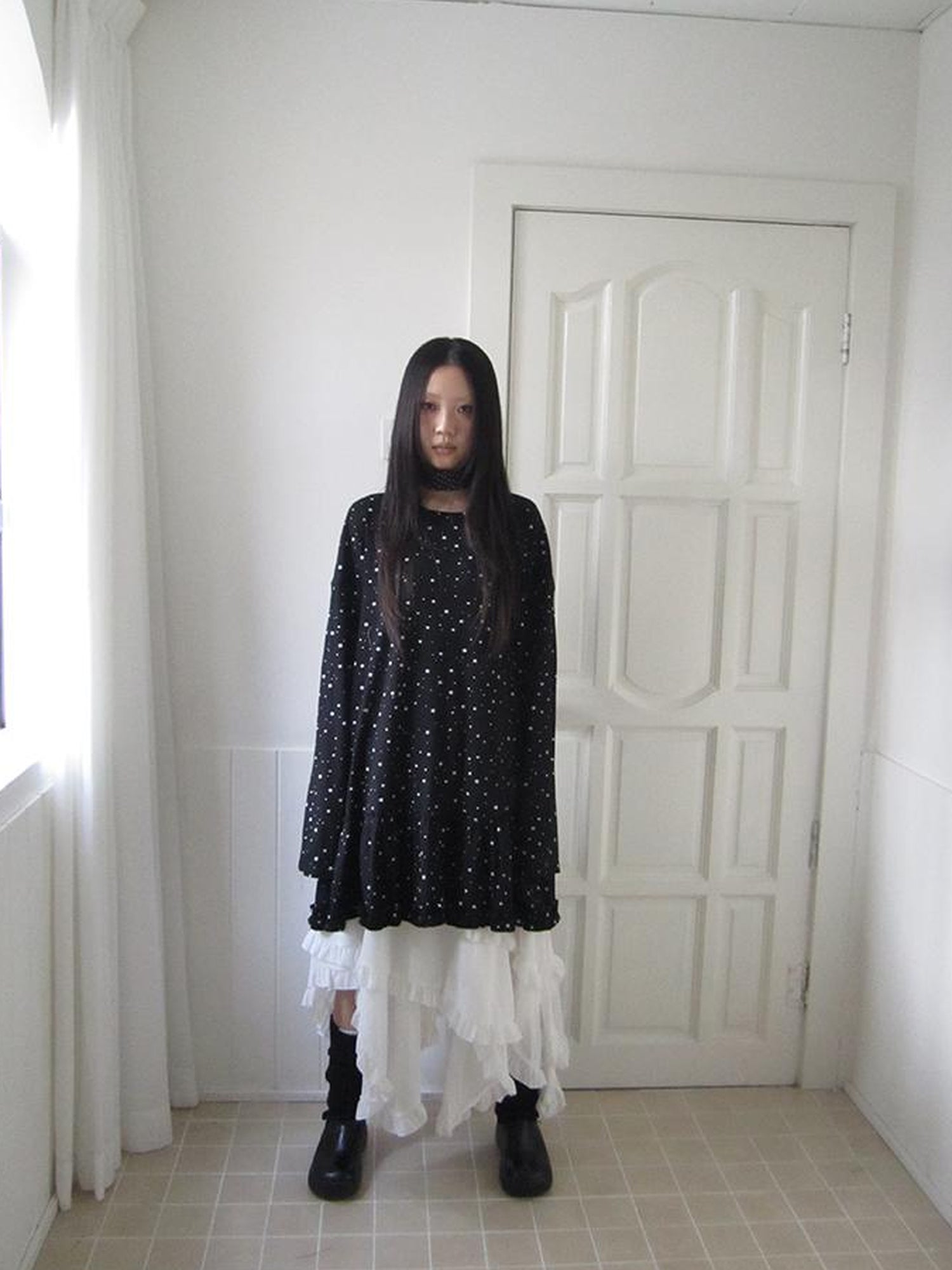 Updateang project Stars Print Lace Trim Oversized Long Sleeve Tee