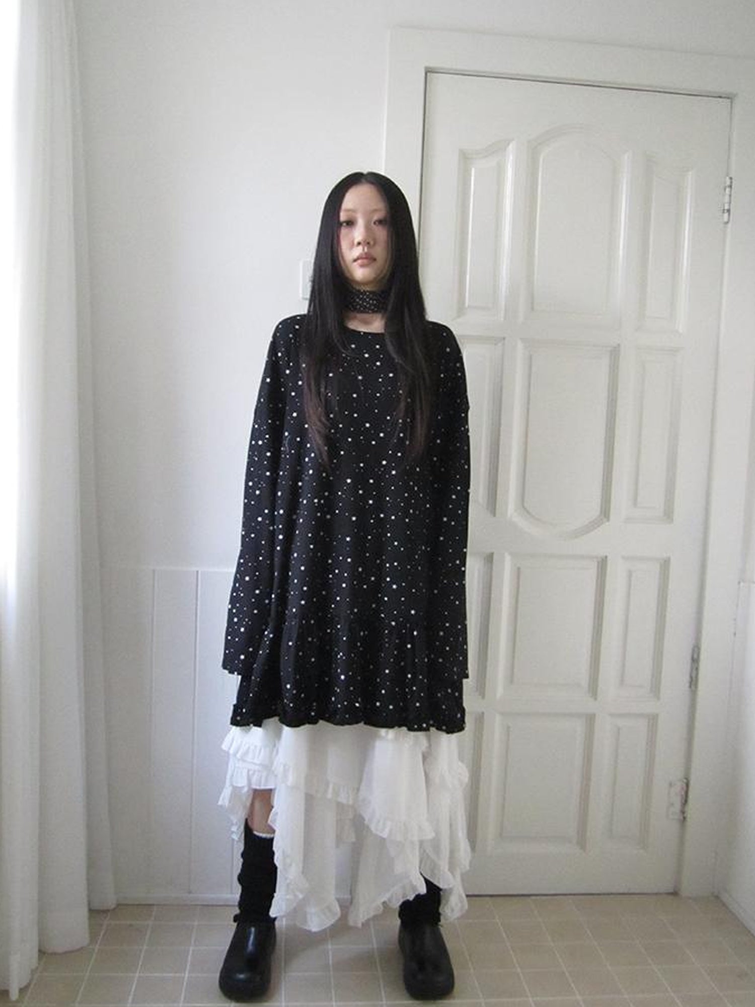 Updateang project Stars Print Lace Trim Oversized Long Sleeve Tee